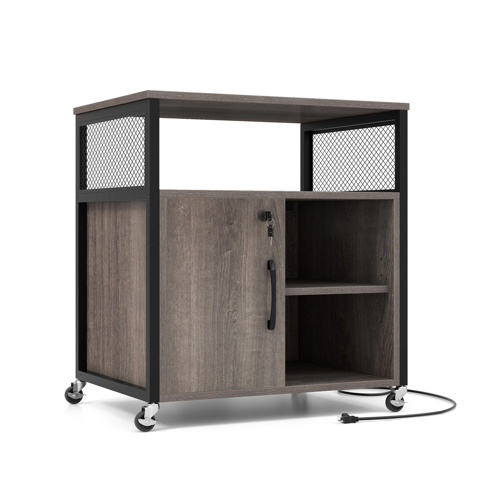 SUGIFT Mobile File Cabinet with Charging Station, Lockable Cabinet and Adjustable Shelves 230-lb Capacity Gray