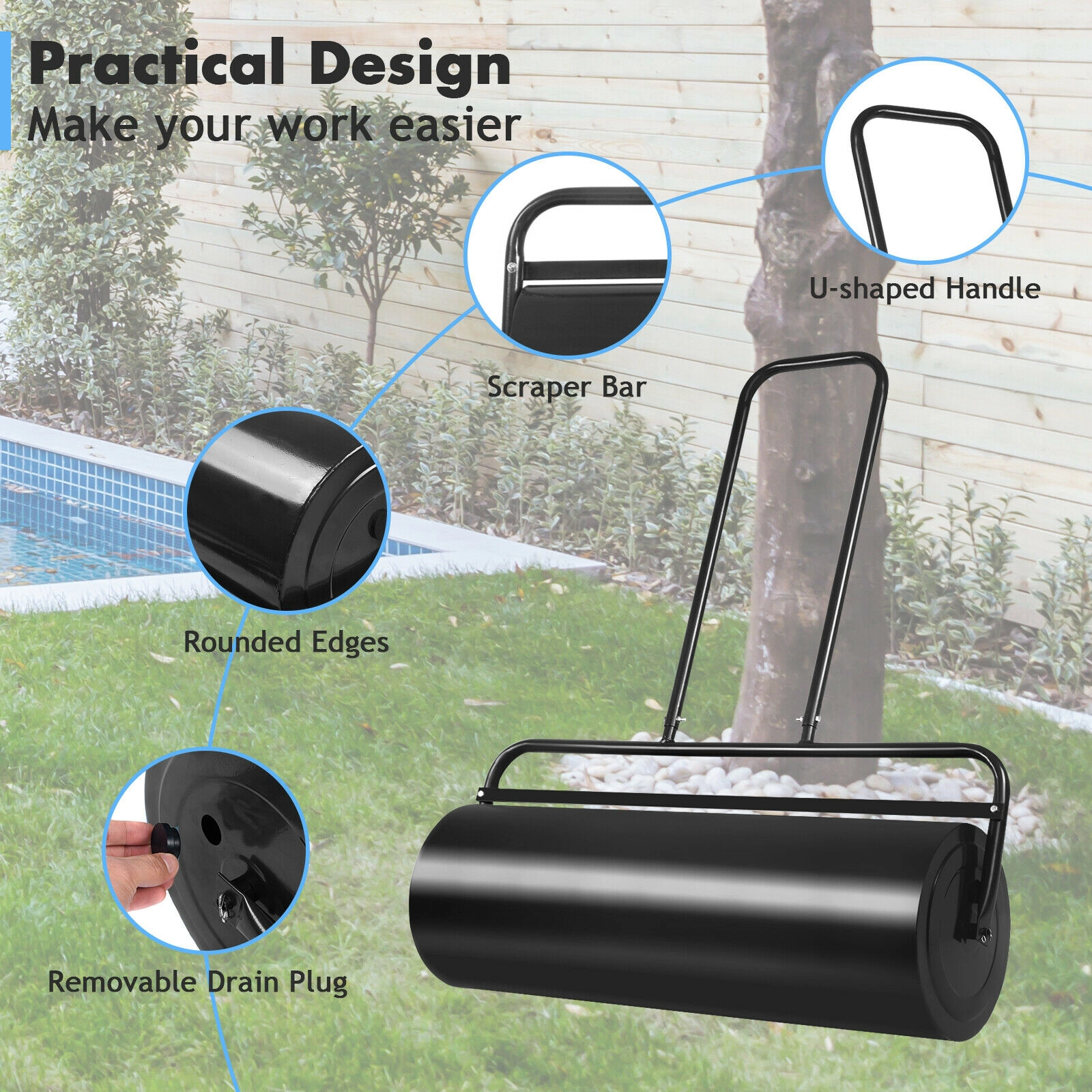 SUGIFT 36-in x 12-in Steel Lawn Roller Water or Sand Filled to 165-lb with U-Shaped Push Pull Handle