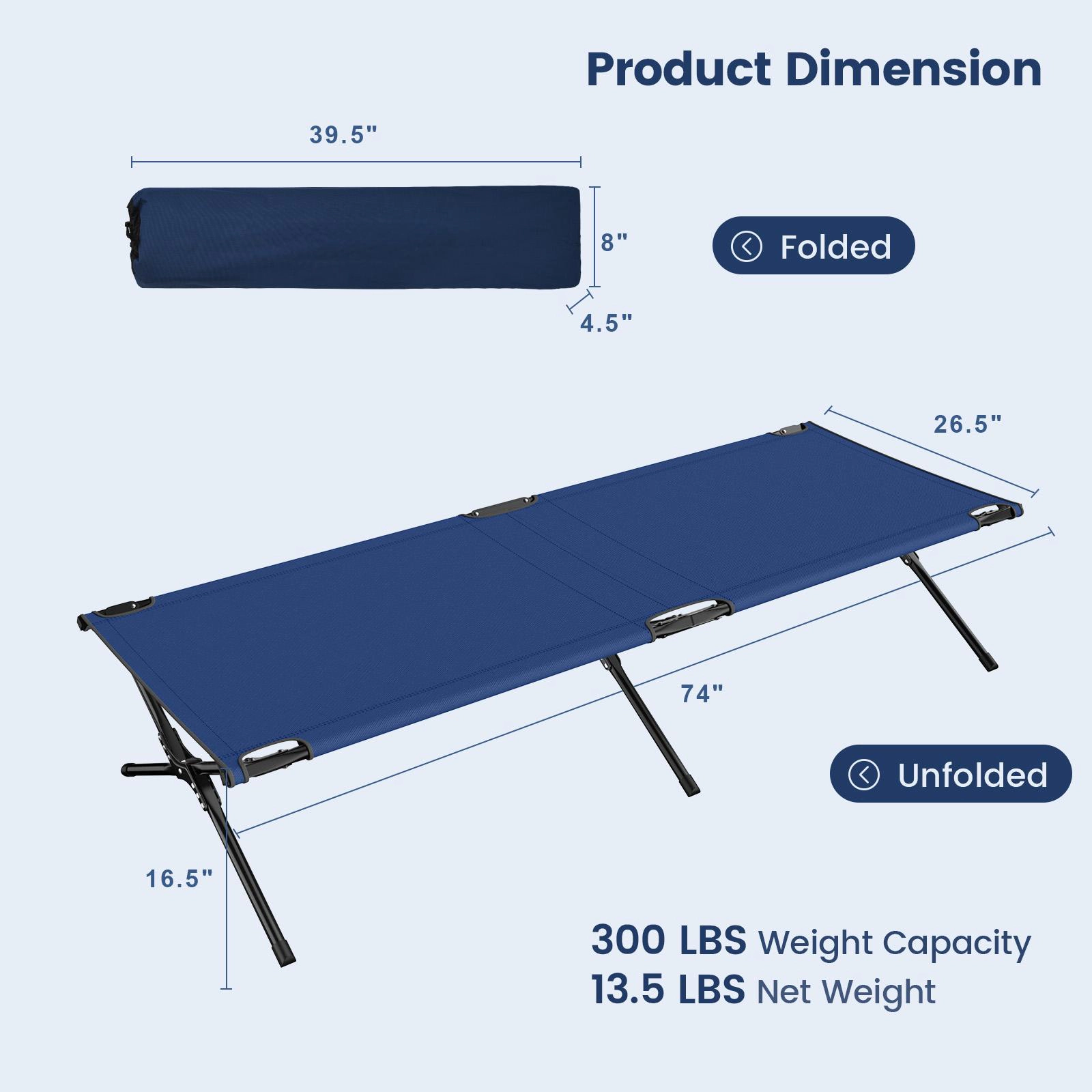 SUGIFT Iron X-Leg Folding Camping Cot Portable Bed 600D Oxford 300-lb Capacity 26.5-in Wide 6-in High Blue/Gray