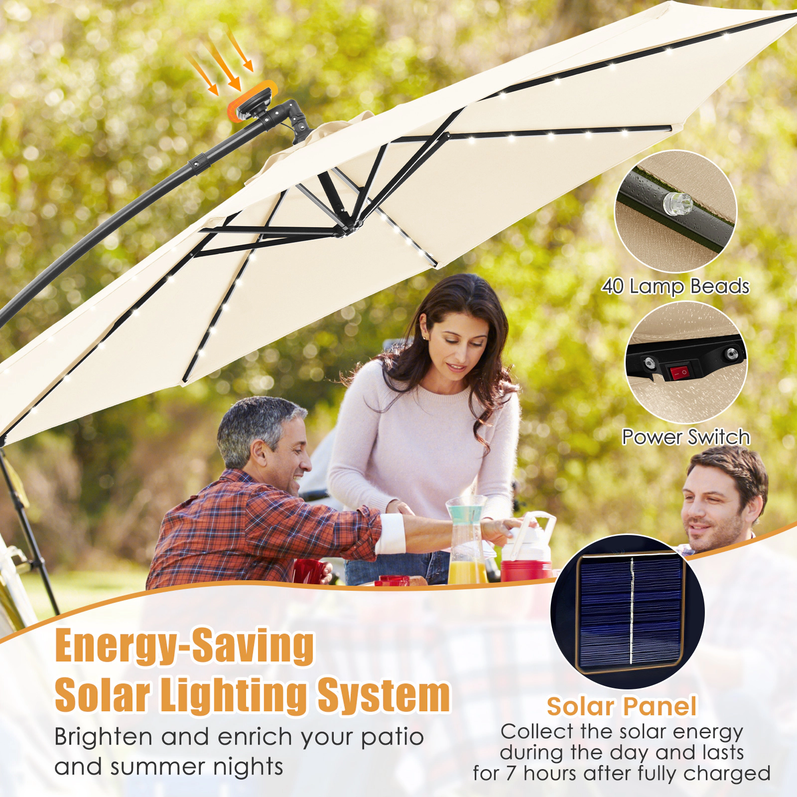 SUGIFT 40 LED Lights Crank Lift and Cross Base 10 FT Solar Offset Cantilever Patio Umbrella