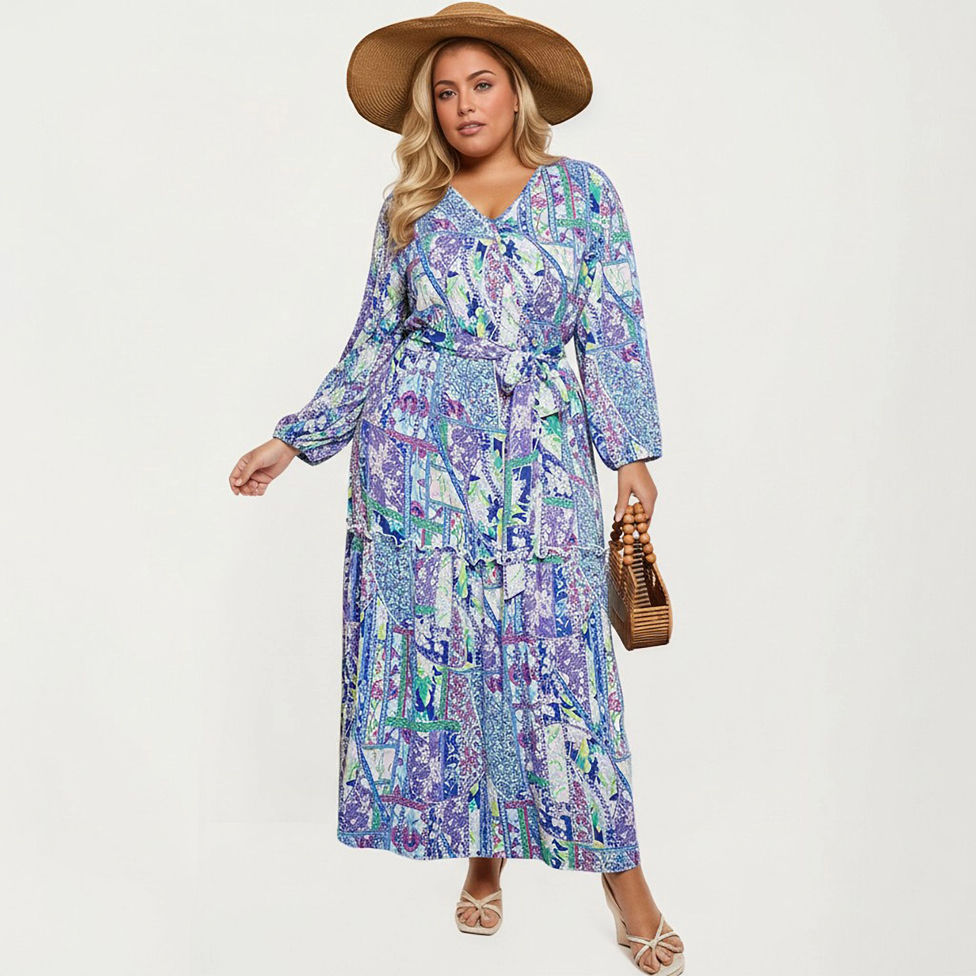 Anna-Kaci Women's Plus Patchwork Print Long Sleeve V Neck Waist Tie Tiered Skirt Maxi Dress