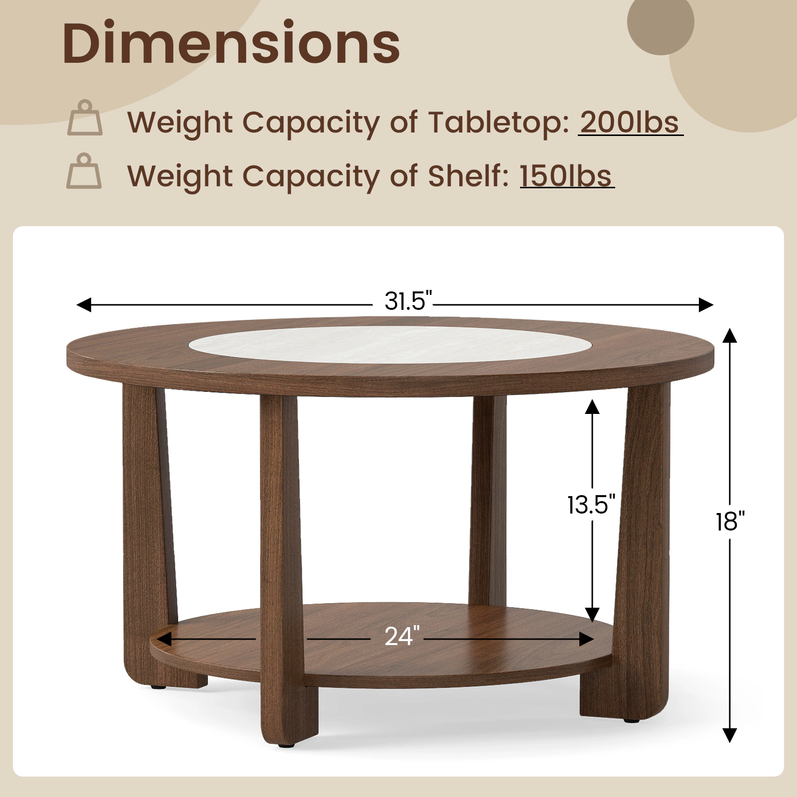 LJG Farmhouse Accent Round Coffee Table with 2-Tone Tabletop and Open Storage Shelf for Living Room