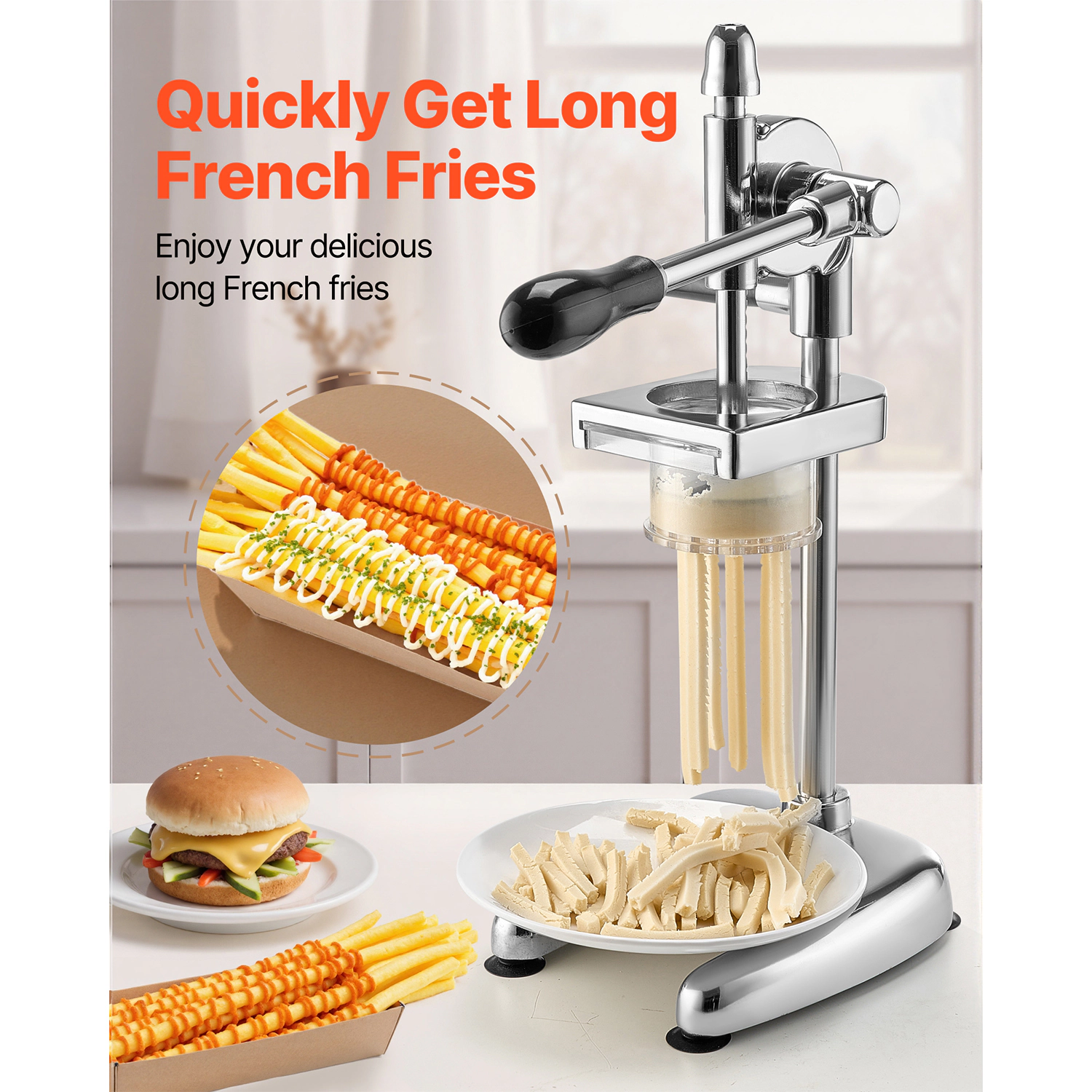 HONGGE Manual Mashed Potato Extruder & Long French Fry Maker, Stainless Steel Press with Pull-Out Bowl