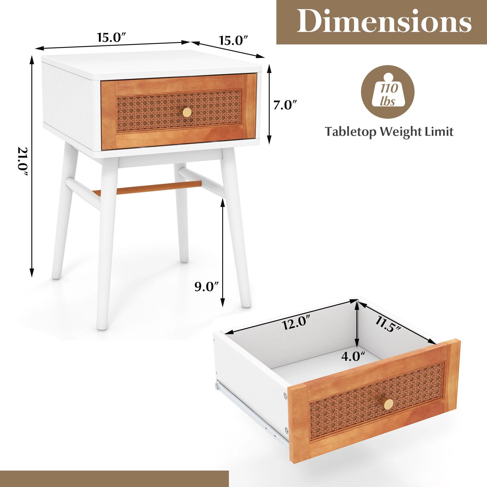SlickBlue Rattan Bedside Table with Solid Wood Legs