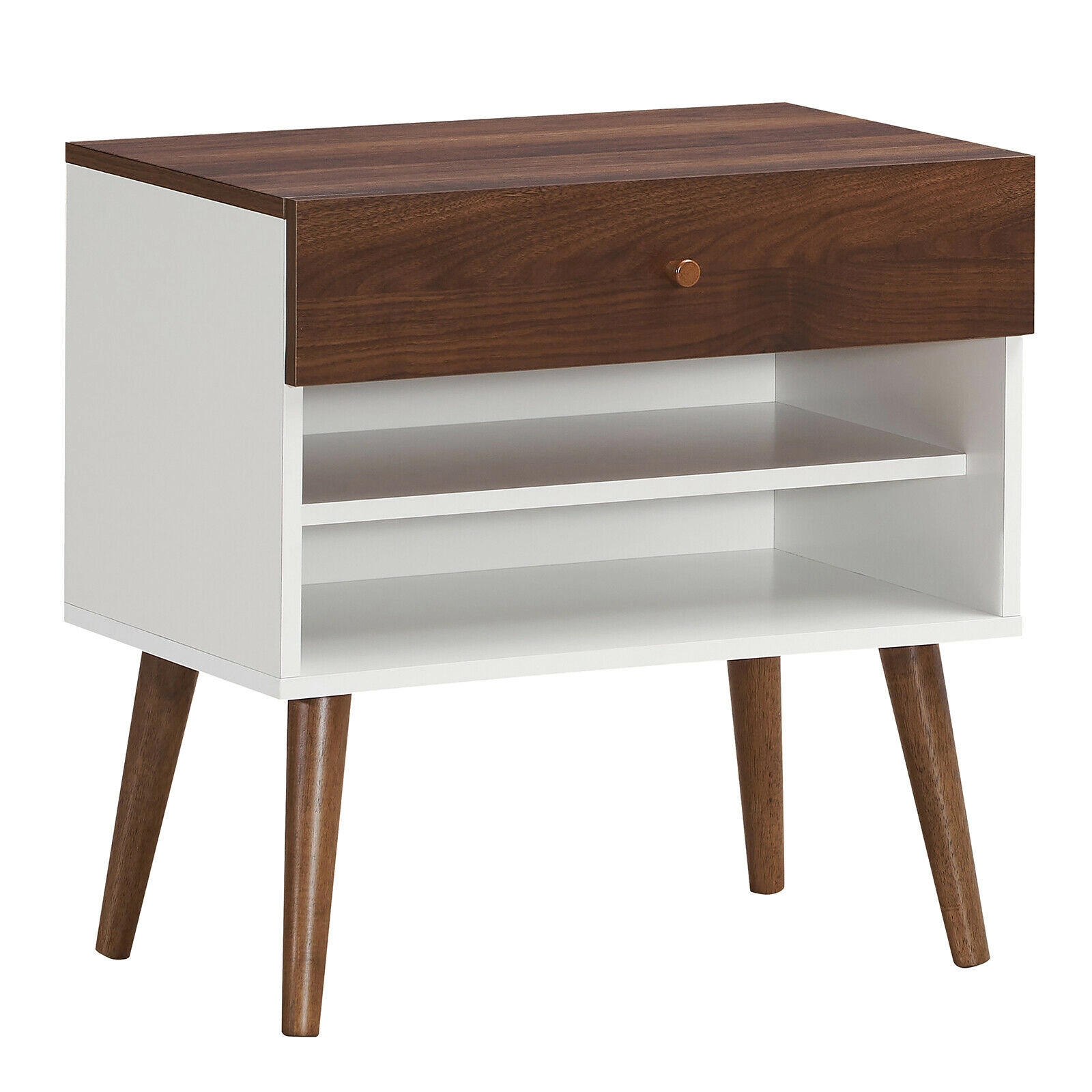 Glintex Mid-Century Nightstand with Large Drawer 2 Open Shelves and Rubber Wood Legs, Walnut