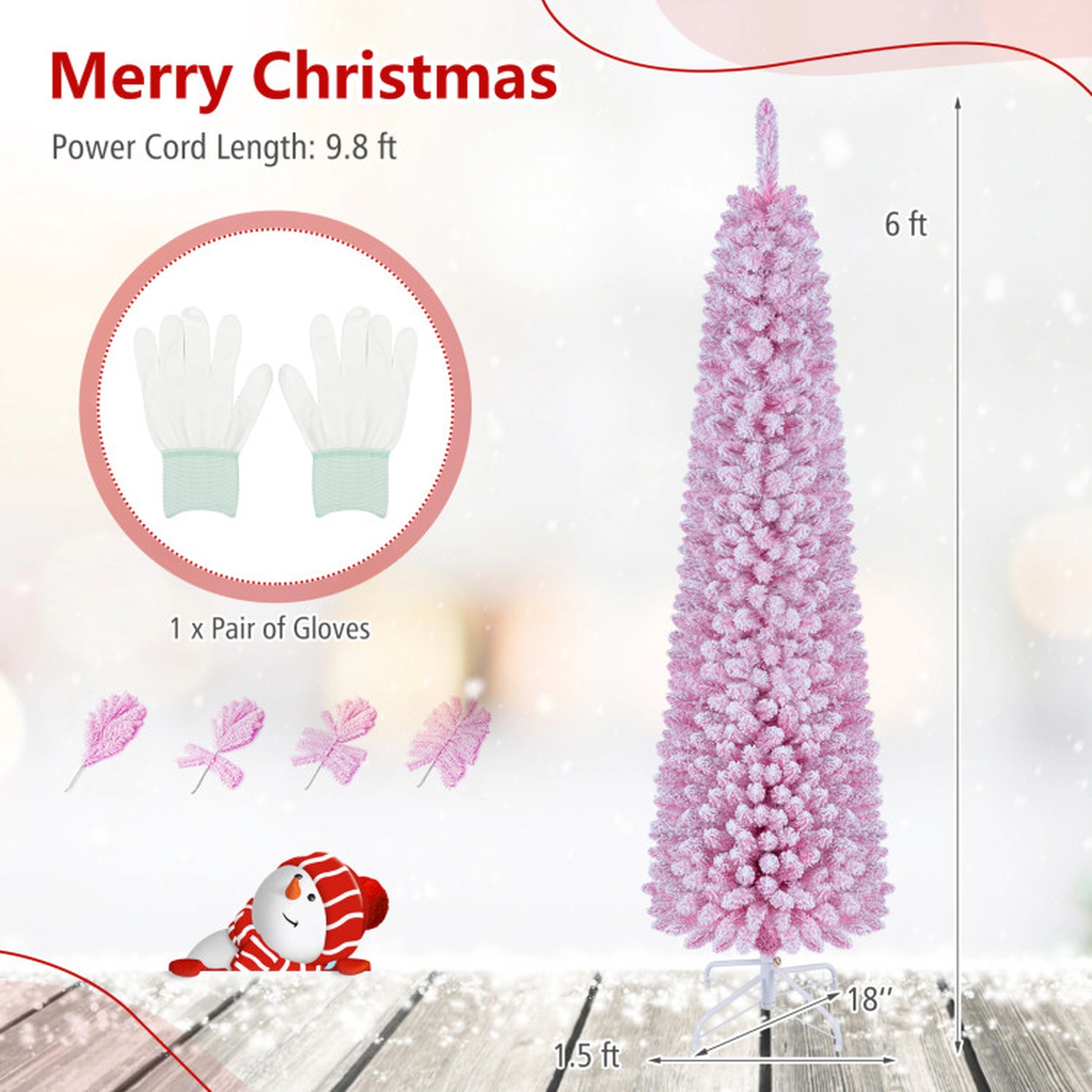 SUGIFT 6-ft Pink Flocked Pre-Lit Pencil Christmas Tree, 140 Warm White LEDs, 8 Modes