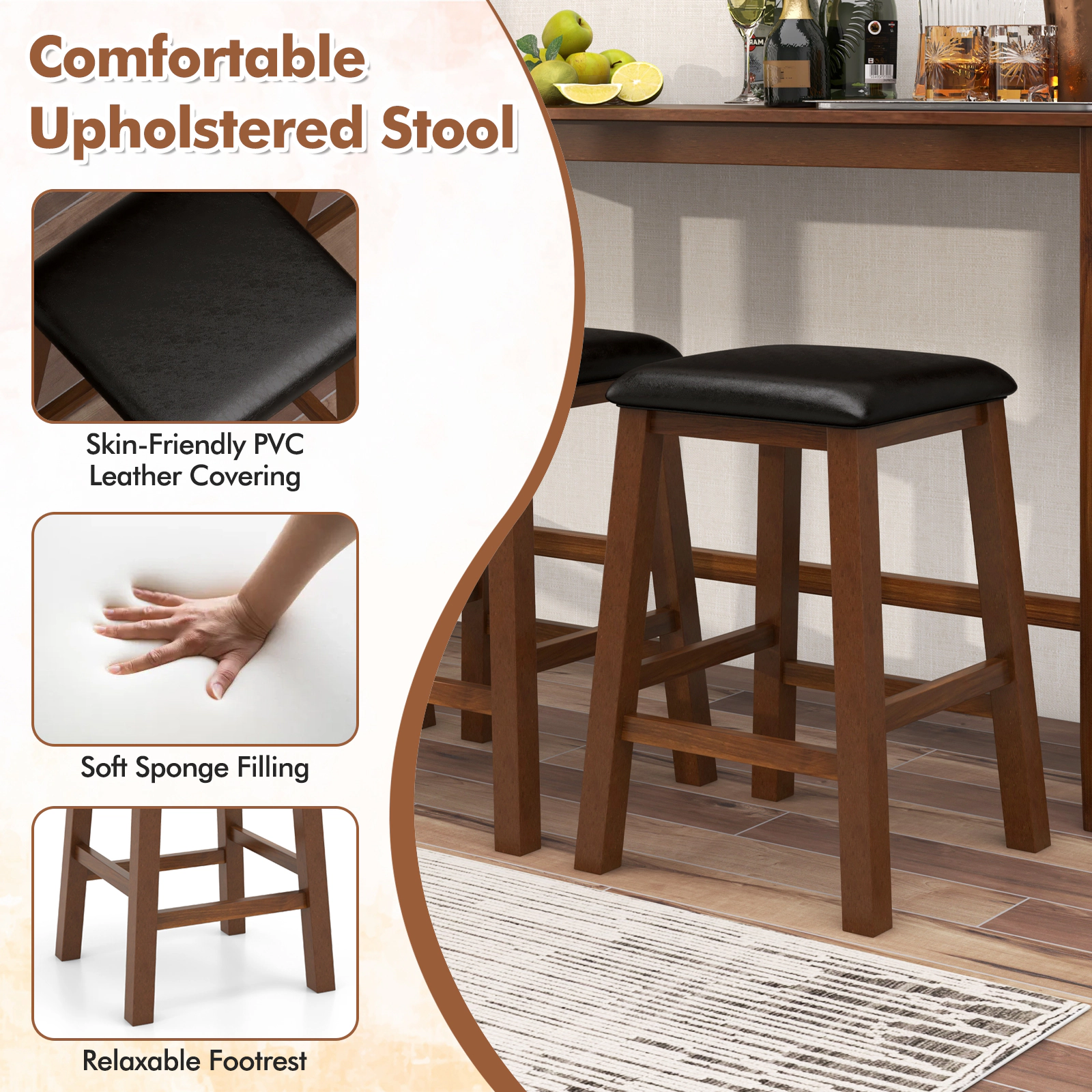 SUGIFT 4-Piece 61-Inch Counter-Height Pub Table Set, 3 Stools, 2 AC Outlets and 2 USB Ports