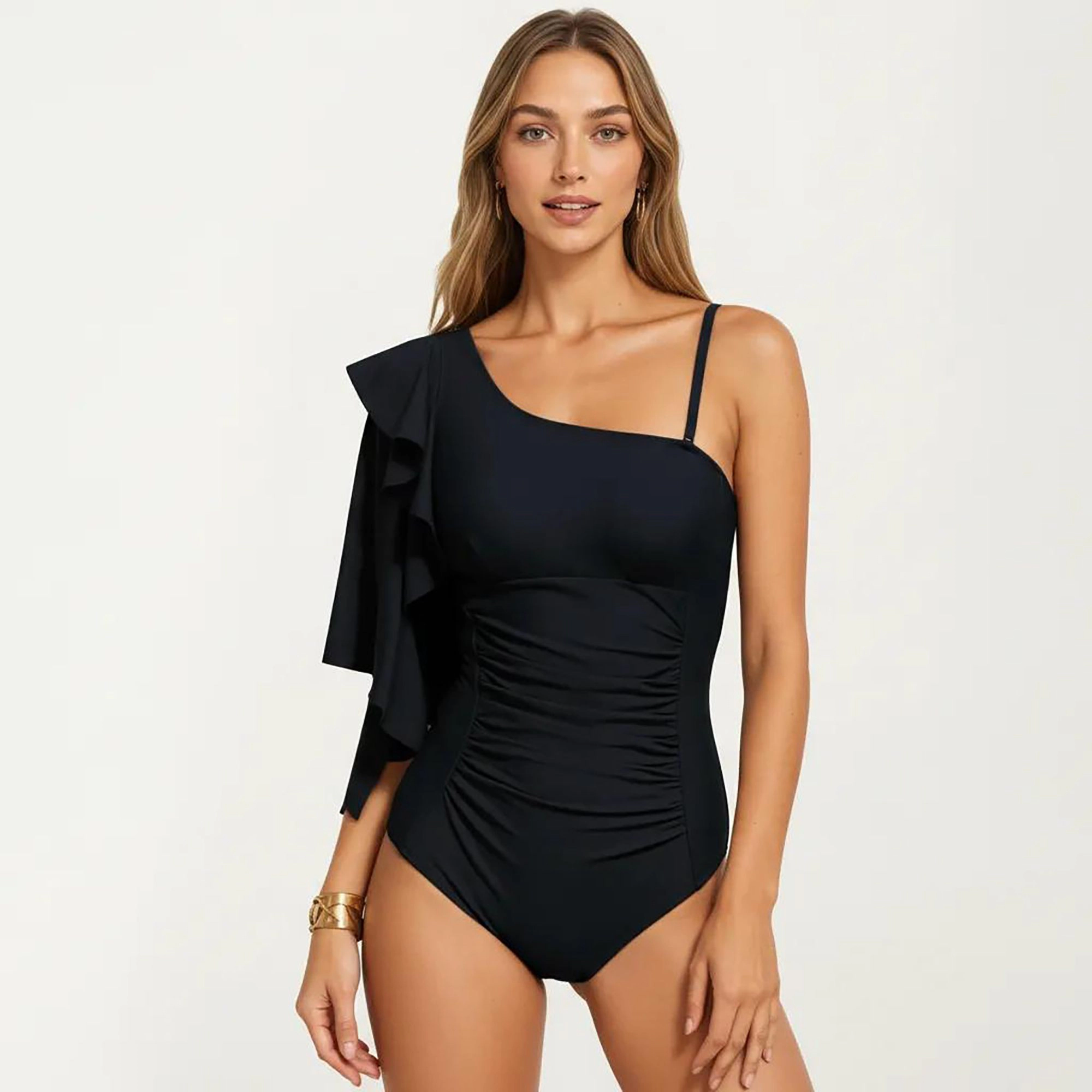 Anna-Kaci Women One-Shoulder Ruffle One-Piece Swimsuit, Ruched Tummy Control Fit