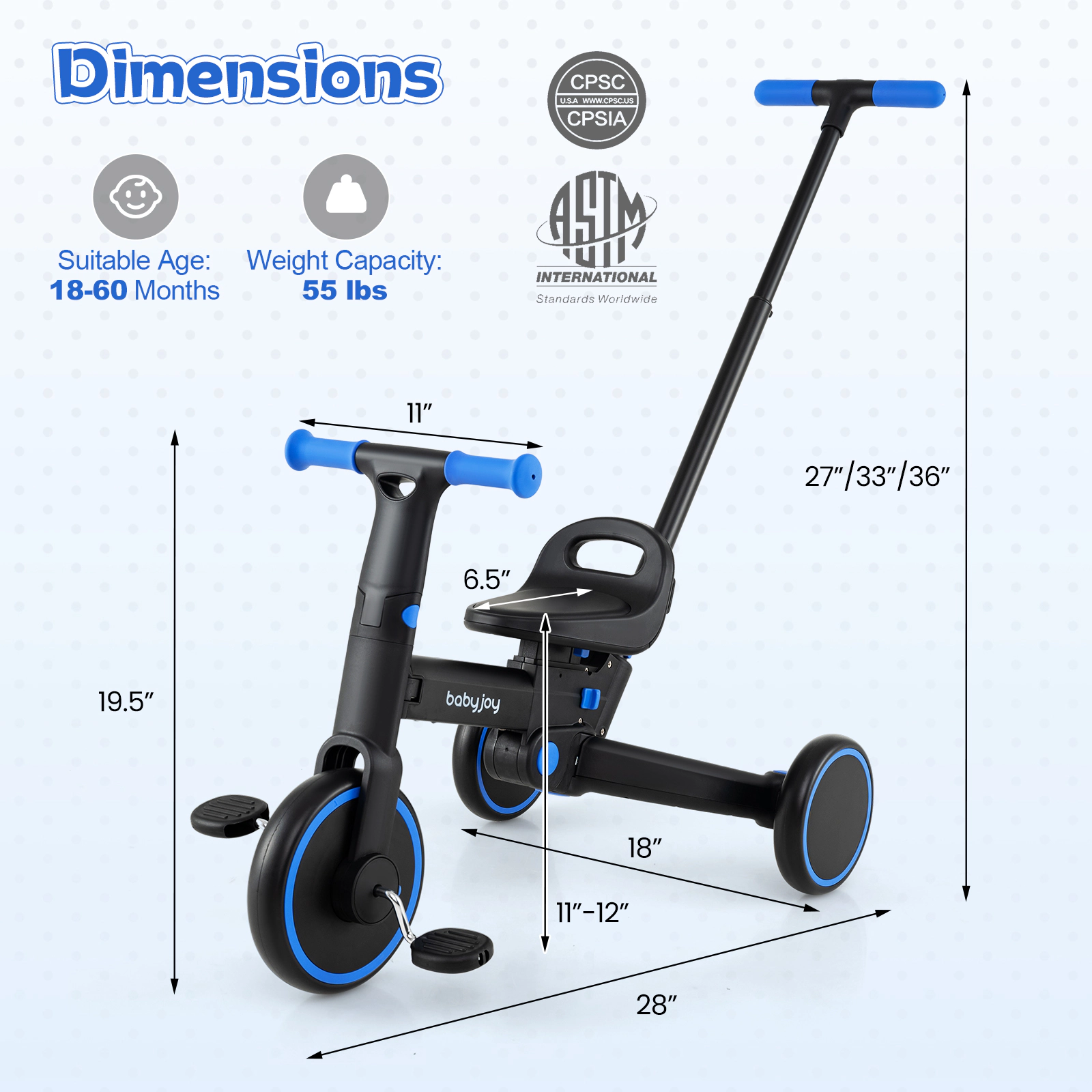 LJG 4-in-1 Foldable Toddler Tricycle with Push Handle Adjustable Seat