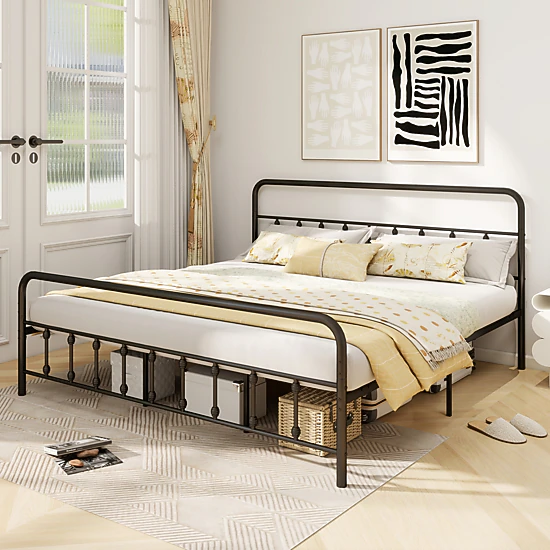 SUGIFT King Metal Platform Bed, Victorian Open-Frame Headboard and Footboard, Black