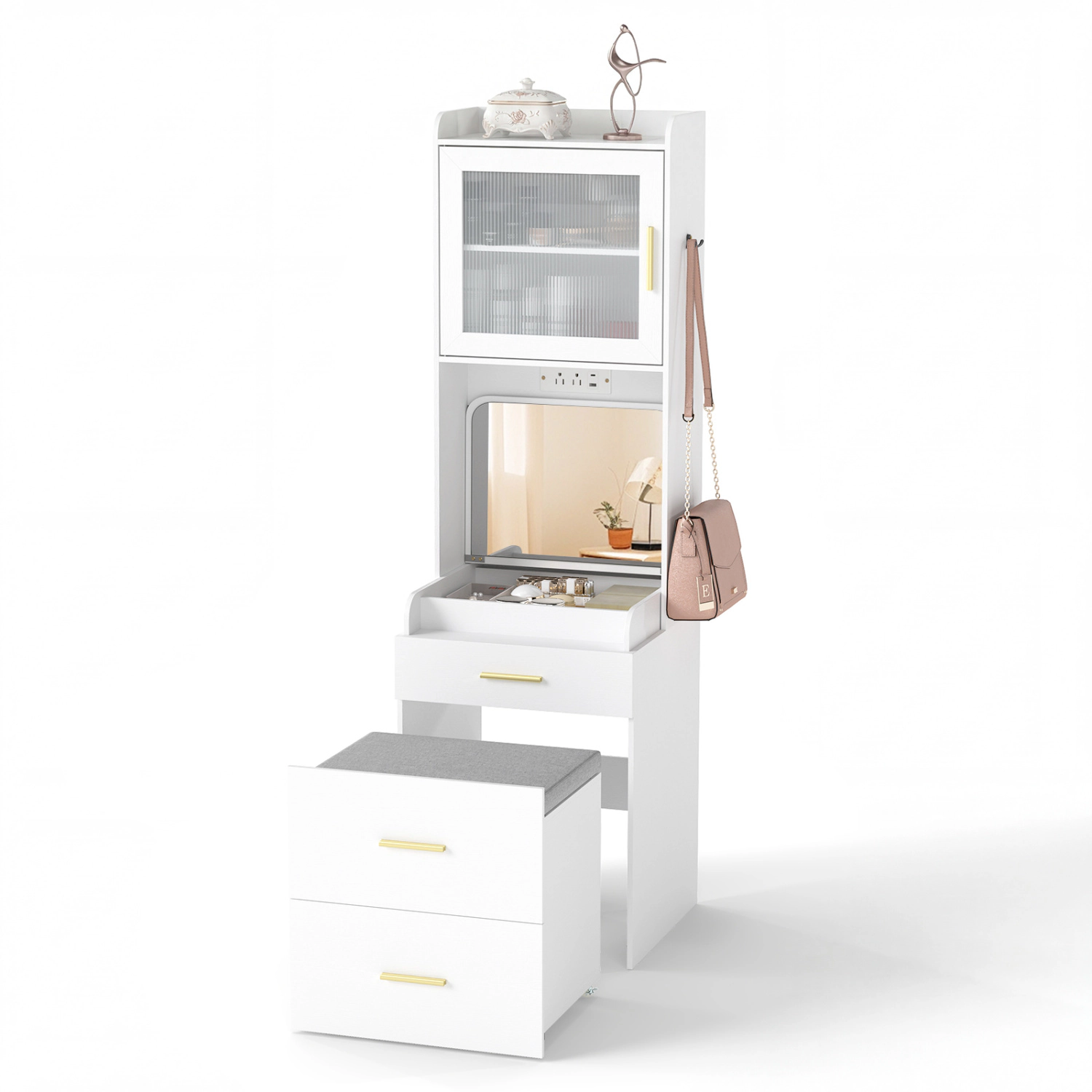 LJG Makeup Vanity with Power Outlets and Flip-Top Mirror and Storage Stool