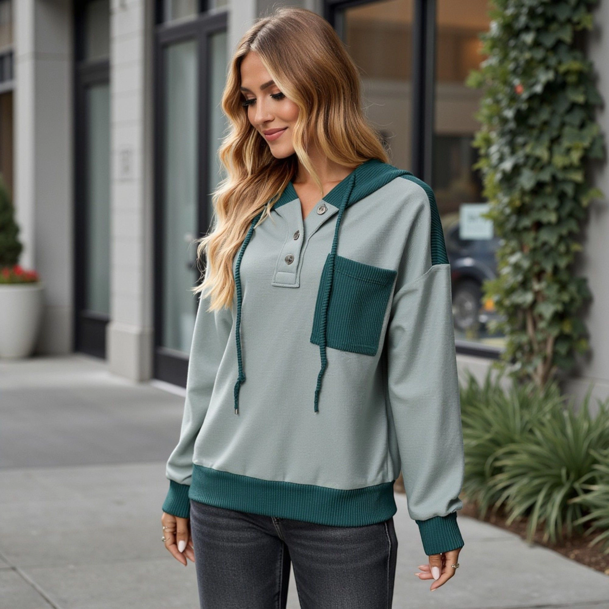 Anna-Kaci Women's Button Front Hooded Pullover with Pocket and Ribbed Trim