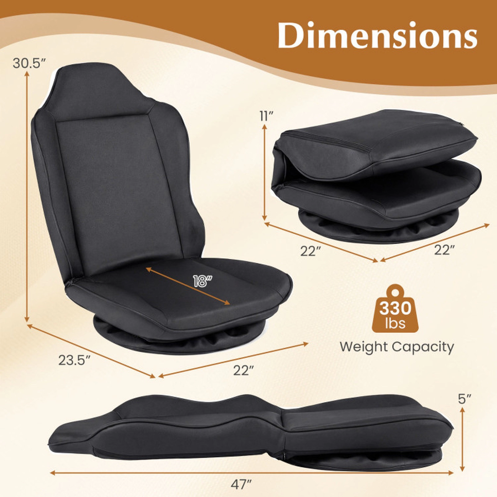 SUGIFT 360-Degree Swivel 5-Level Backrest Floor Gaming Chair 23.5-in x 22-in x 30.5-in 330-lb Capacity Black