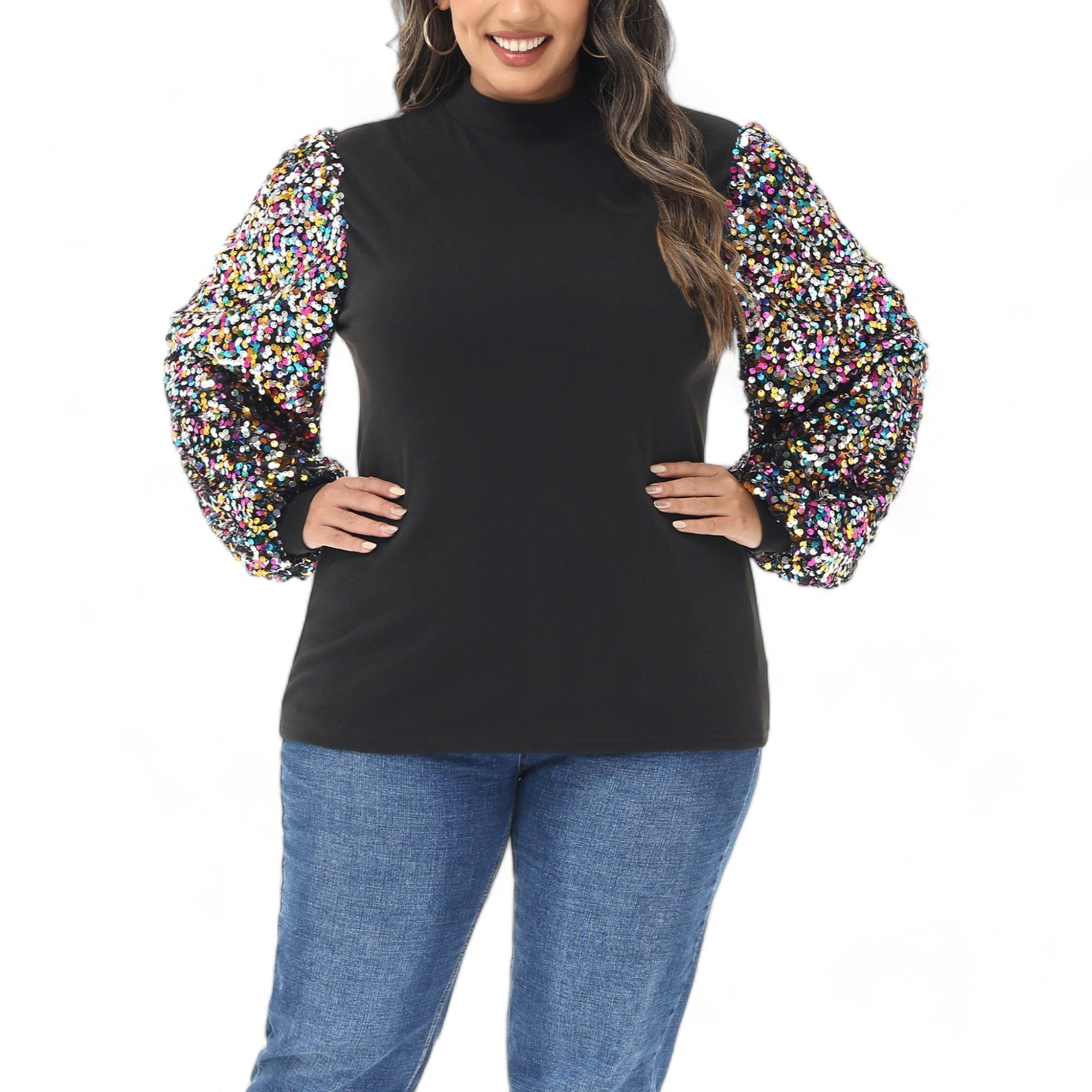 Anna-Kaci Women's Plus Sequin Sweatshirt Mock Neck Pullover Long Lantern Sleeve Glitter Party Tops