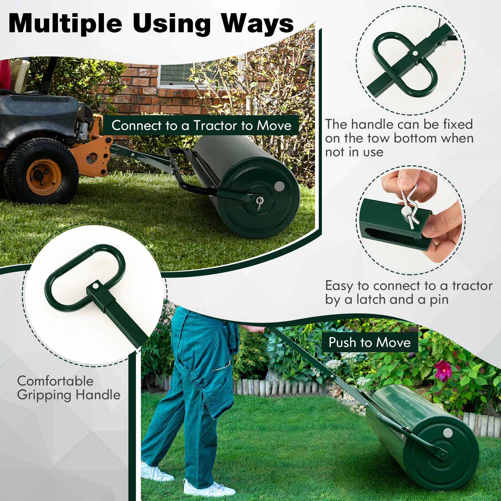 SUGIFT 39 in Wide Lawn Roller Green 30 Gallon Push and Tow Roller with Metal Frame