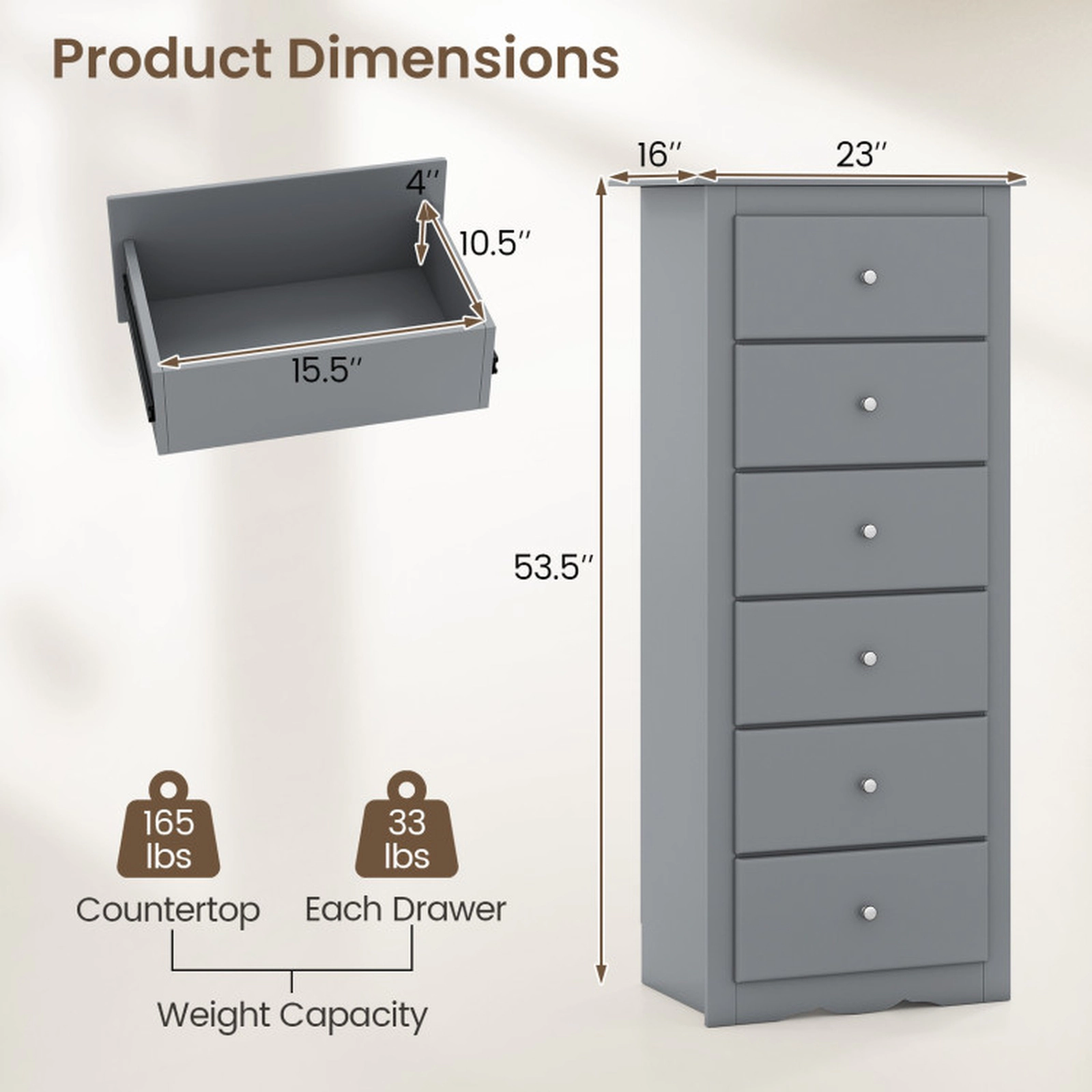 SUGIFT Bedroom Clothes Storage 6-Drawer Tall Chest Dresser