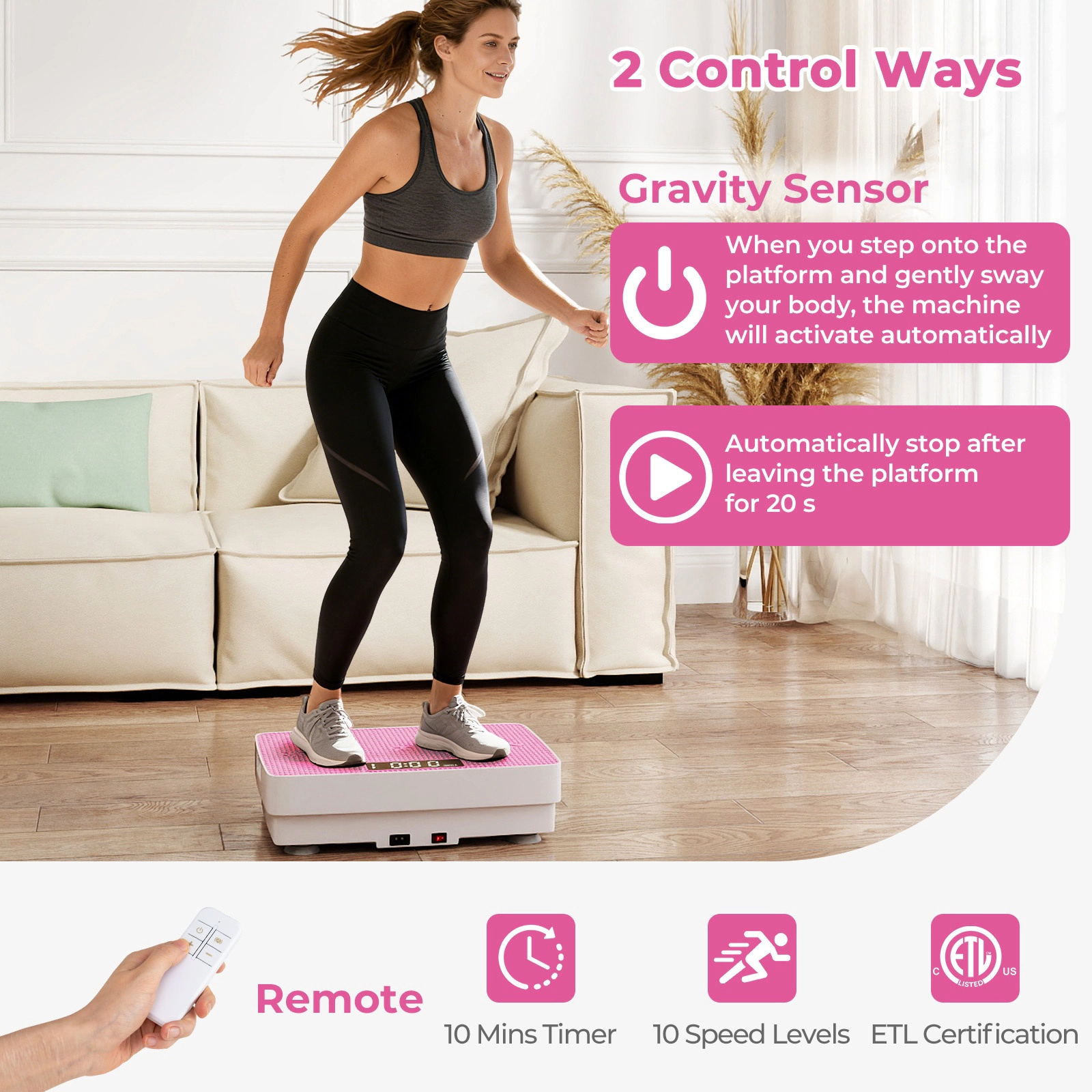 SUGIFT Vibration Plate Exercise Machine Gravity Sensor 10 Speed Levels 220-lb Capacity 17.5 x 11 x 4.5-in Pink/Gray