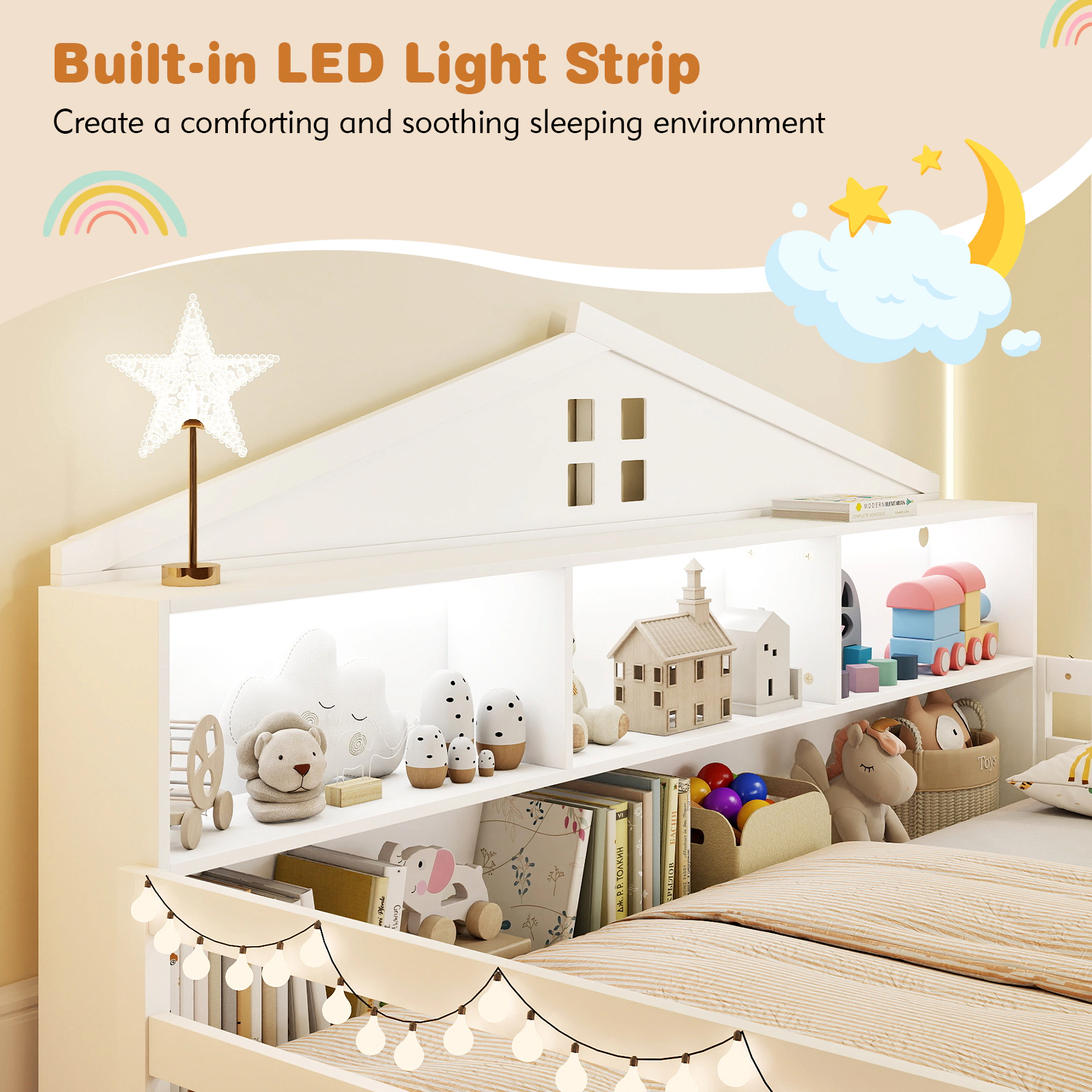 SUGIFT 2-in-1 Montessori Full Floor Bed with Storage Compartments 50-lb Compartment Capacity White/Gray/Natural