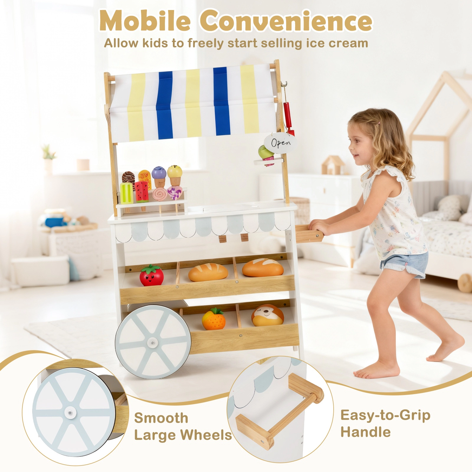 SUGIFT 2-in-1 Wooden Ice Cream Cart and Grocery Store Playset with 20.5-in Countertop Ages 3+ White