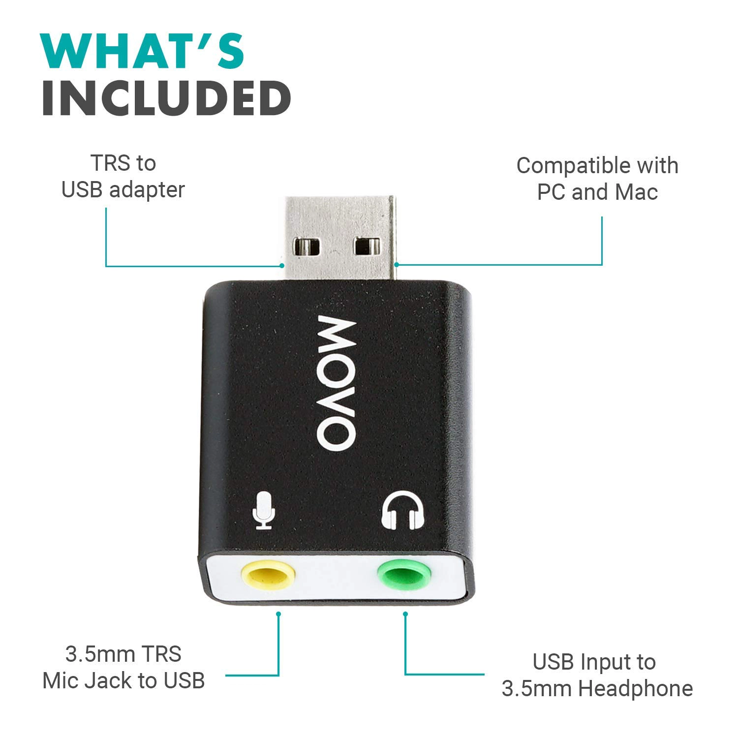 Movo USB-AC 3.5mm TRS Microphone to USB 2.0 Stereo Audio External Sound Card Adapter for PC and Mac. USB Sound Card