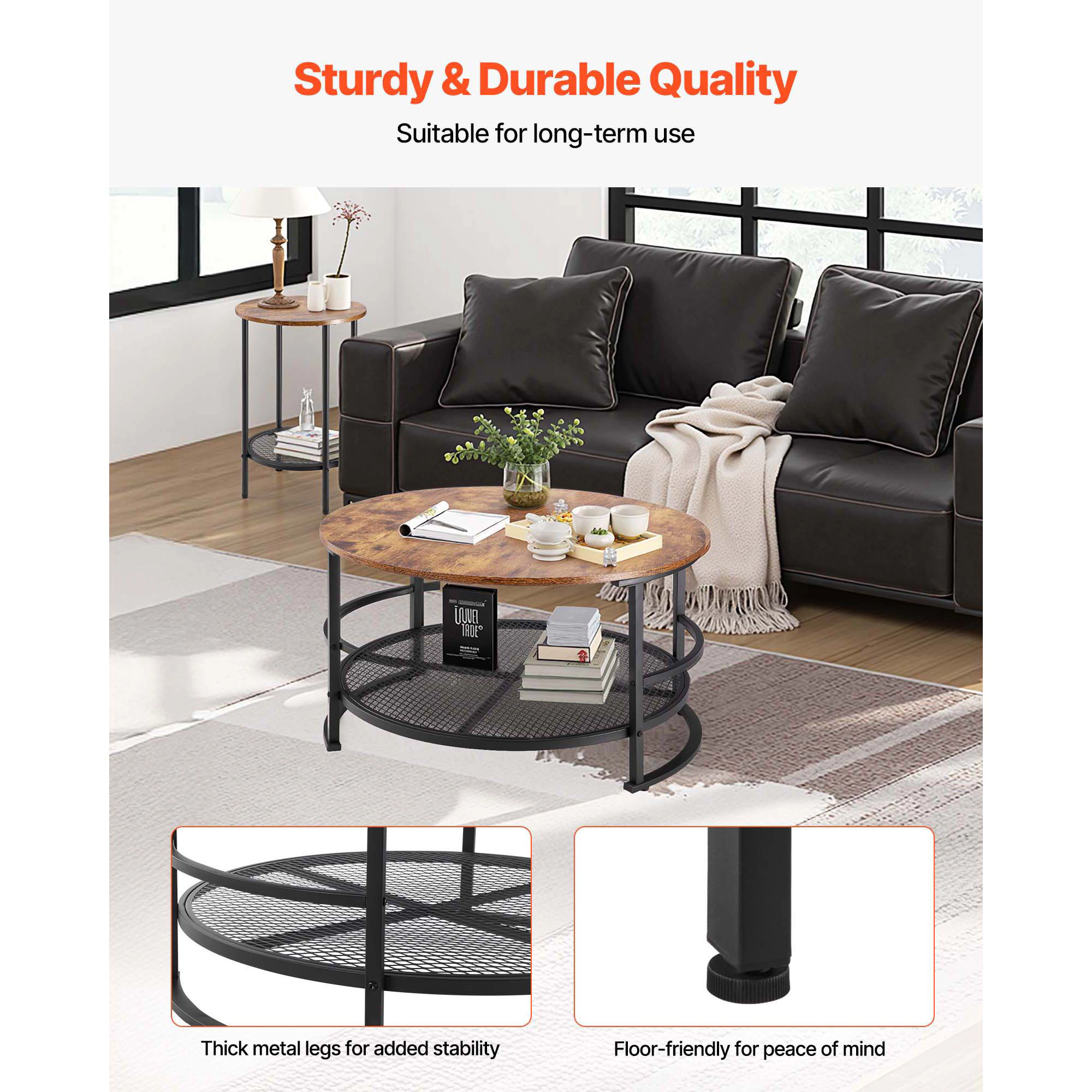 HONGGE 3-Piece Round Coffee Table Set with 2 End Tables, Industrial Wood & Metal Storage Shelf Table Set for Living Room