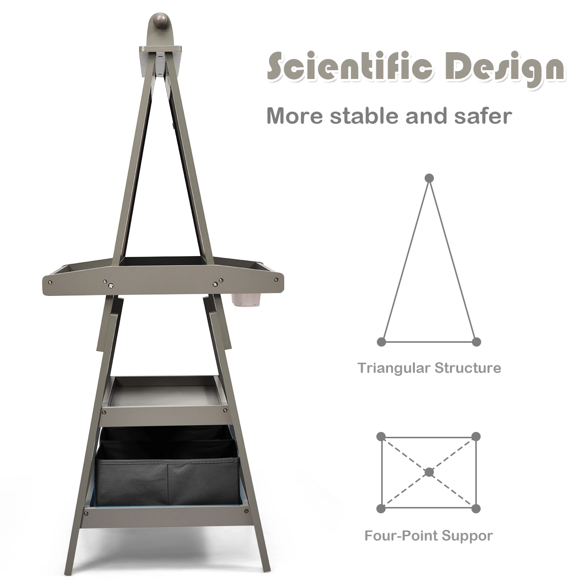 SUGIFT 3-in-1 Double-Sided Storage Art Easel with Paper Roll 46-in Tall Kids MDF Triangle Frame with Shelves & Bins Gray