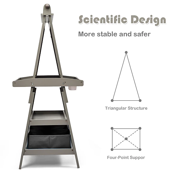SUGIFT 3-in-1 Double-Sided Storage Art Easel with Paper Roll 46-in Tall Kids MDF Triangle Frame with Shelves & Bins Gray