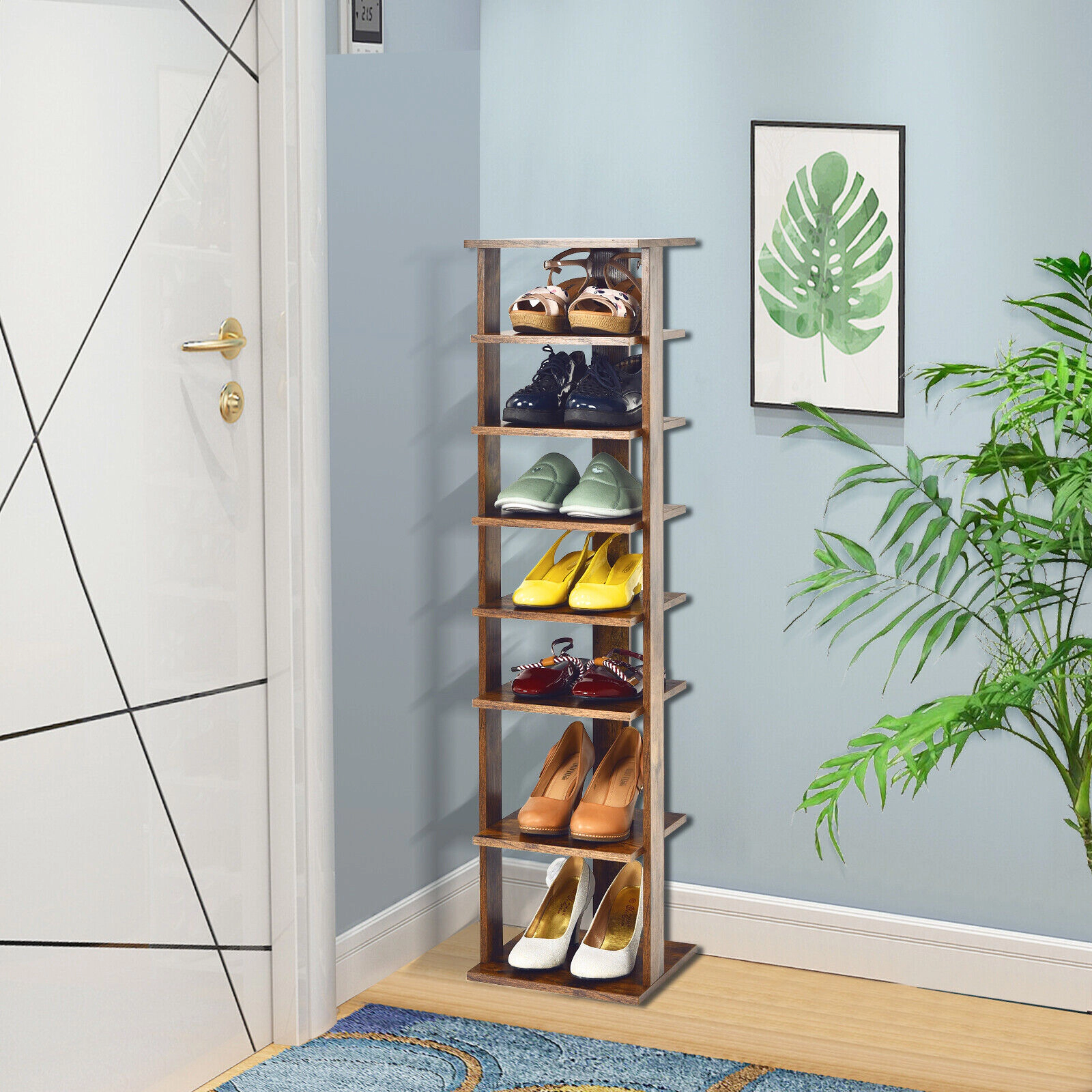 SUGIFT 7-Tier Rustic Brown 43-in Tall Narrow Vertical Wood Shoe Rack Storage Tower for Hallway Entryway