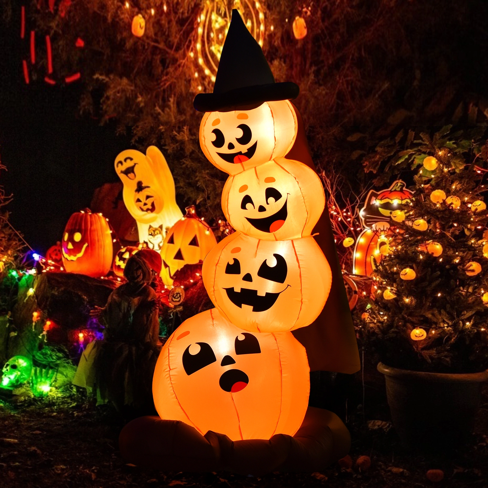 Glintex 7-Ft Halloween Inflatable Pumpkin Combo with Witch Hat and LED Lights, Multicolor