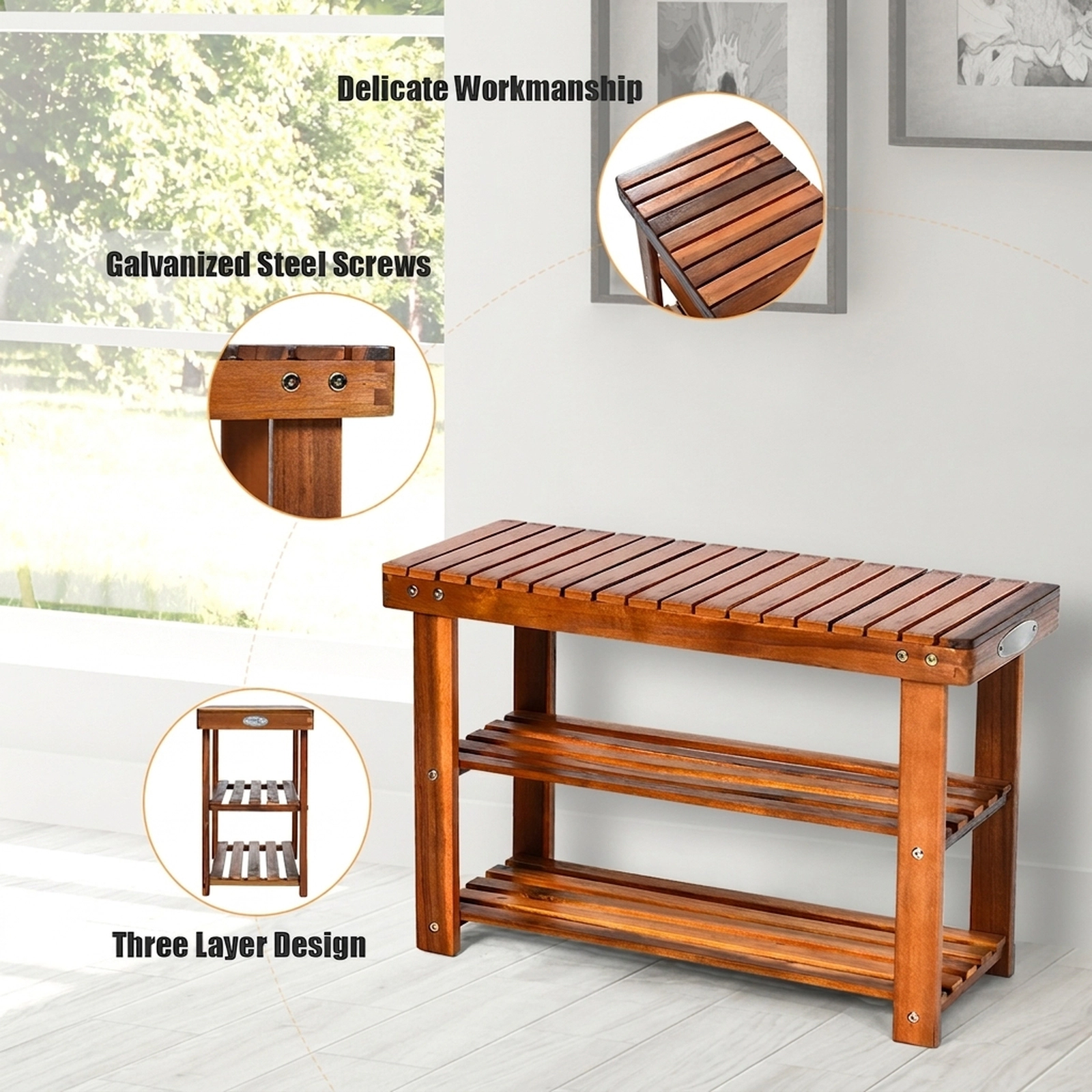 SUGIFT Freestanding Acacia Wood Shoe Rack Bench with 3-Tier Storage Shelves 180-lb Capacity Teak