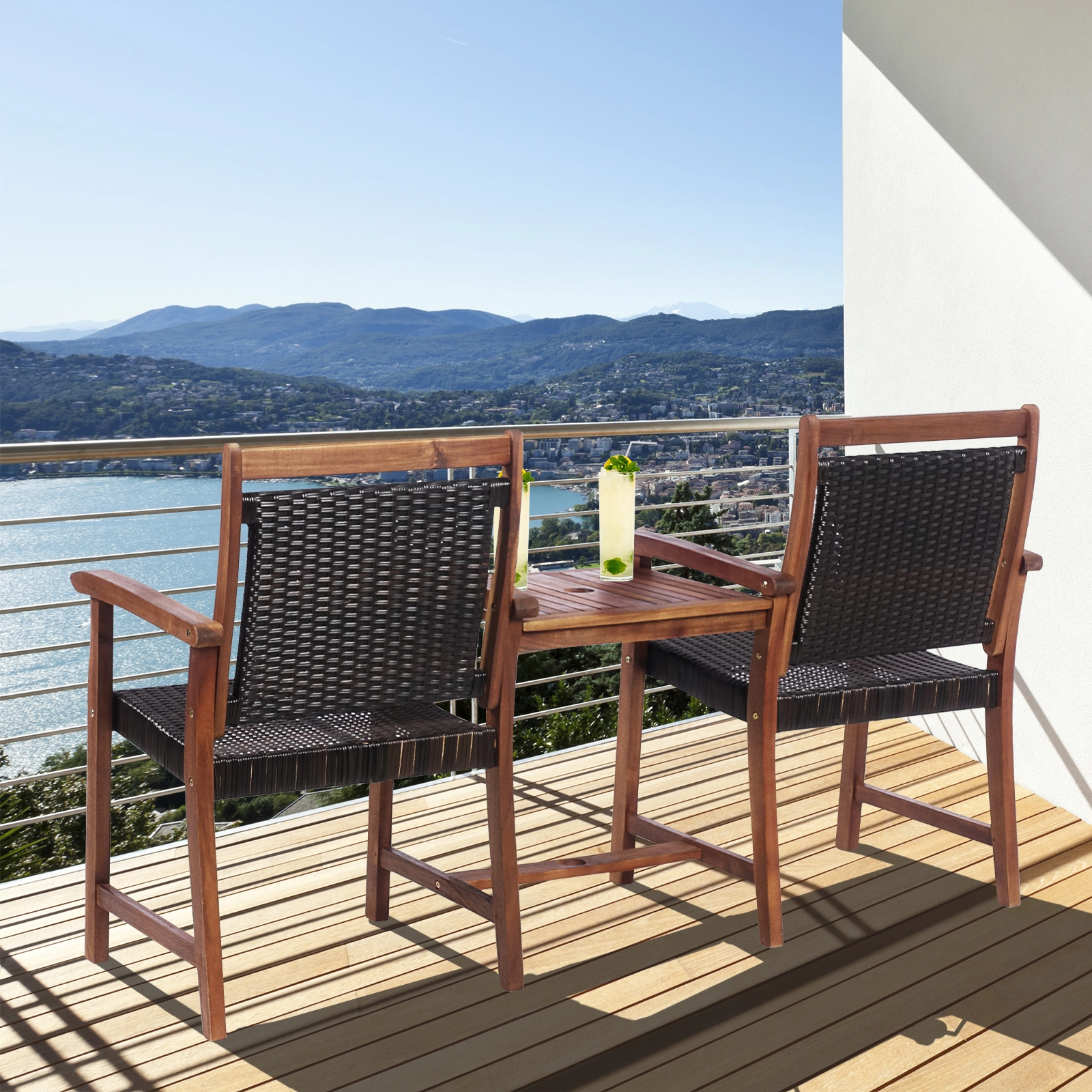 LJG 2-Seat Patio Rattan Acacia Wood Chair with Coffee Table