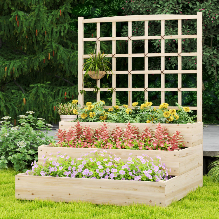Hivvago 3-Tier Raised Garden Bed with Lattice Trellis and Open-Ended Base-Natural