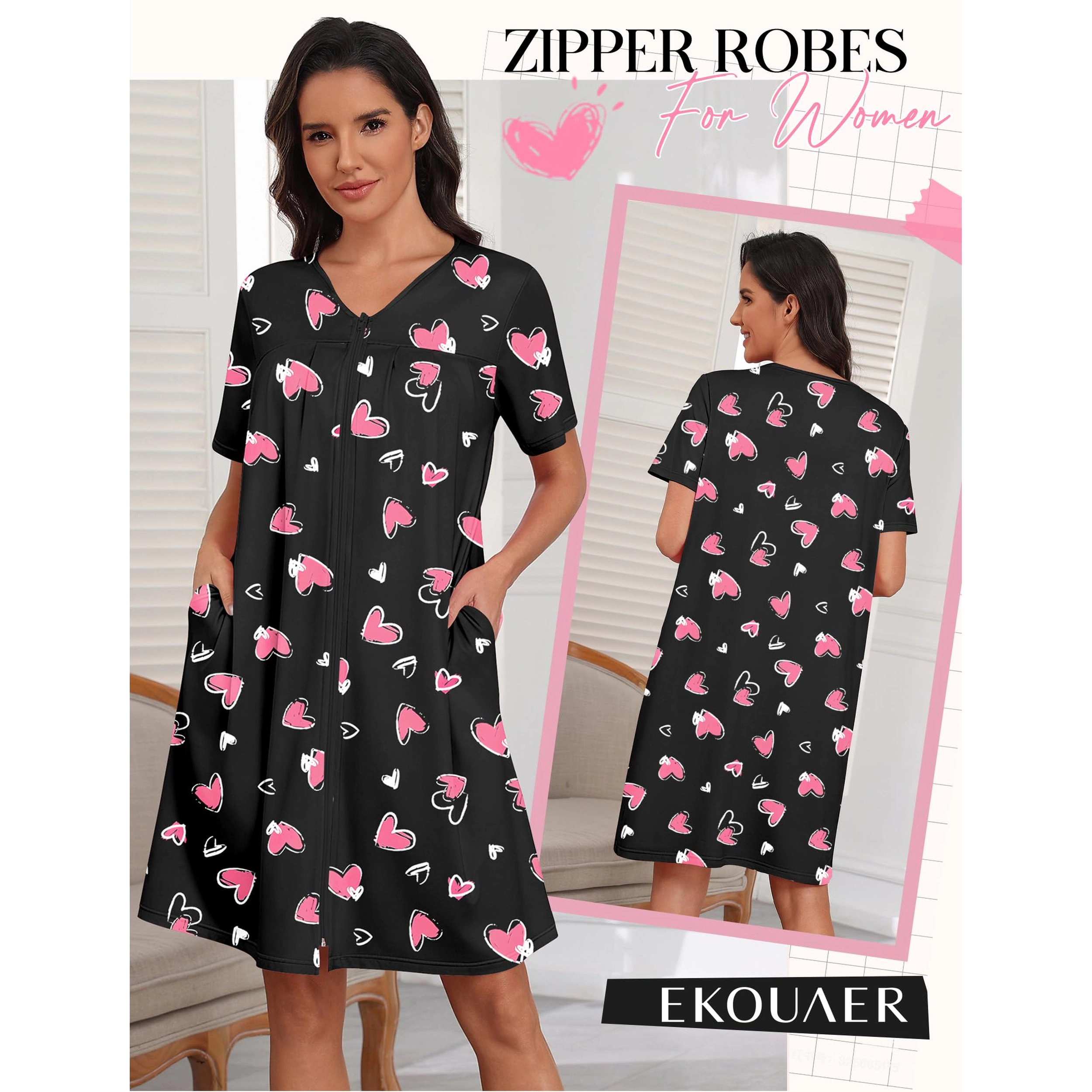 Ekouaer Zipper Robes for Women Short Knit Bathrobes Lightweight Knee Length Housecoat Nightgown
