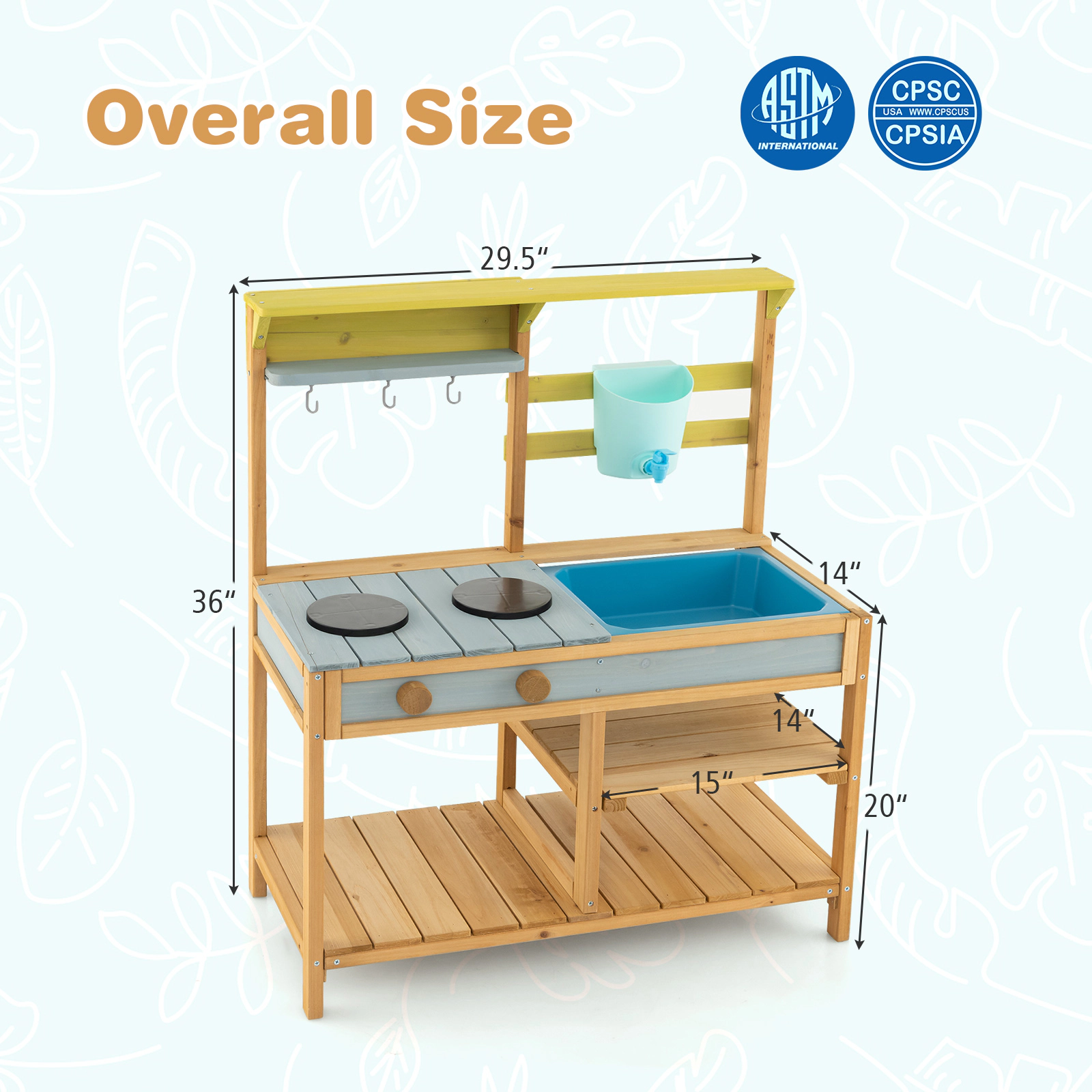 SUGIFT Natural Faucet Water Box and Removable Sink Outdoor Kids Wooden Mud Kitchen