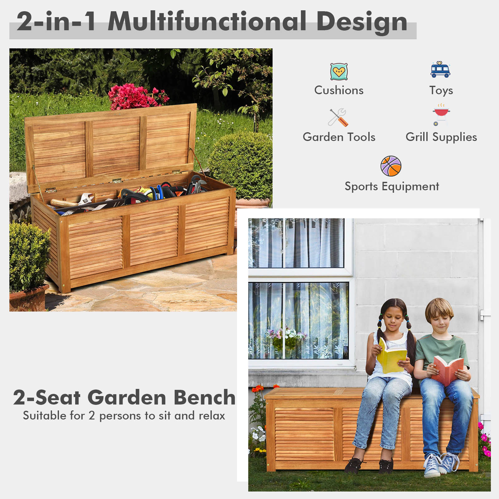 SUGIFT 46-Gallon 355-lb Capacity Acacia Wood Outdoor Storage Box and Bench with Galvanized Flip-Top Lid