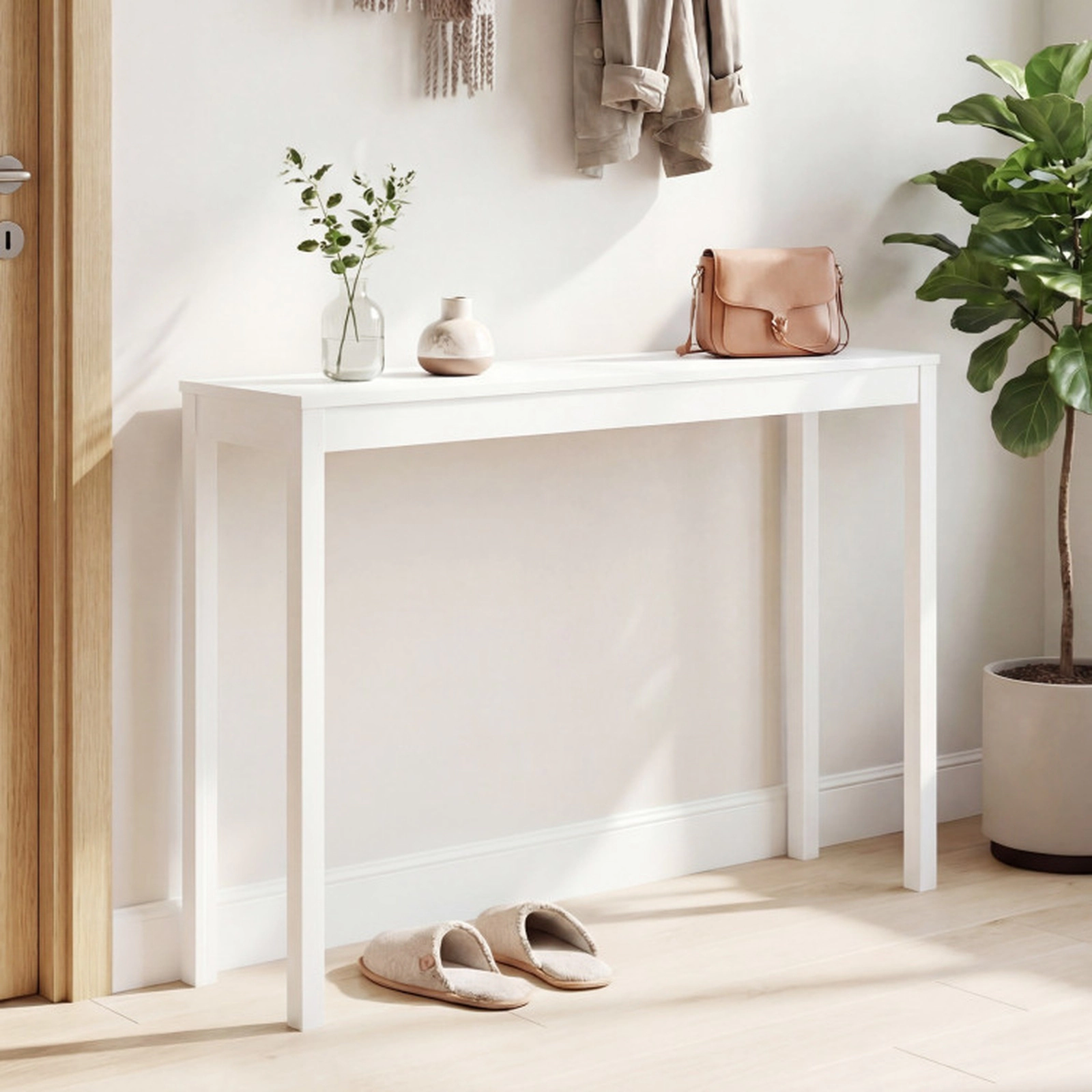 SUGIFT 48-in 132-lb Capacity 12-in Narrow White Farmhouse Rubber Wood Console Sofa Table with Thickened Top
