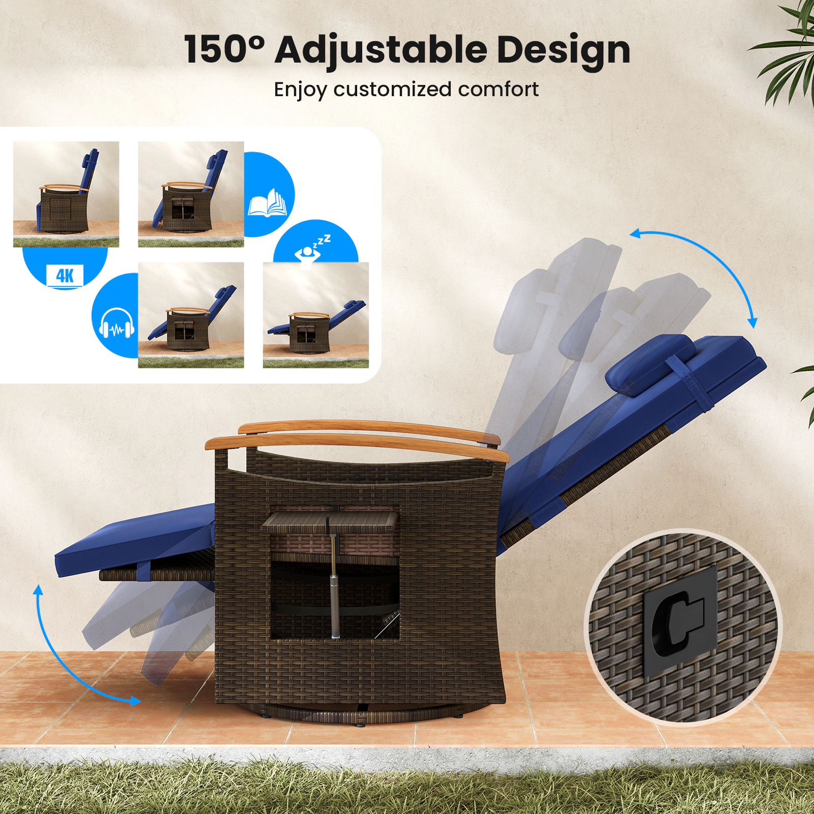 SUGIFT Patio Rattan 360° Swivel Recliner Chair with Adjustable Backrest & Footrest 400-lb Capacity with Side Table Navy