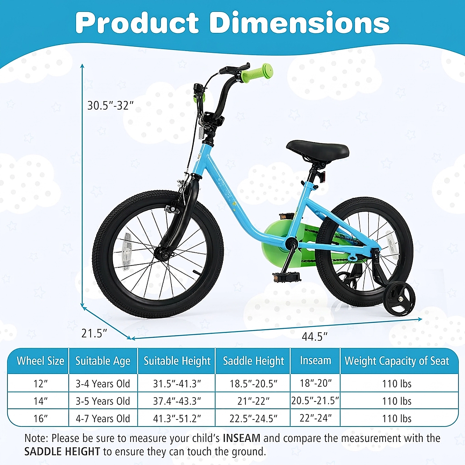SUGIFT Adjustable Kids Bicycle with Training Wheels 110-lb Seat Capacity Ages 3-7 Blue + Green 12/14/16-Inch Wheels