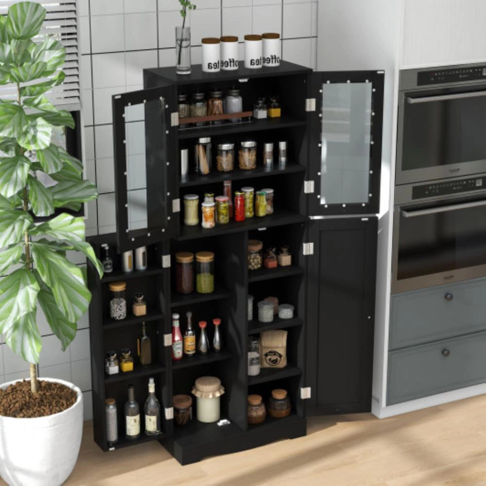 Hivvago Tall Kitchen Pantry Cabinet With Dual Tempered Glass Doors And Shelves