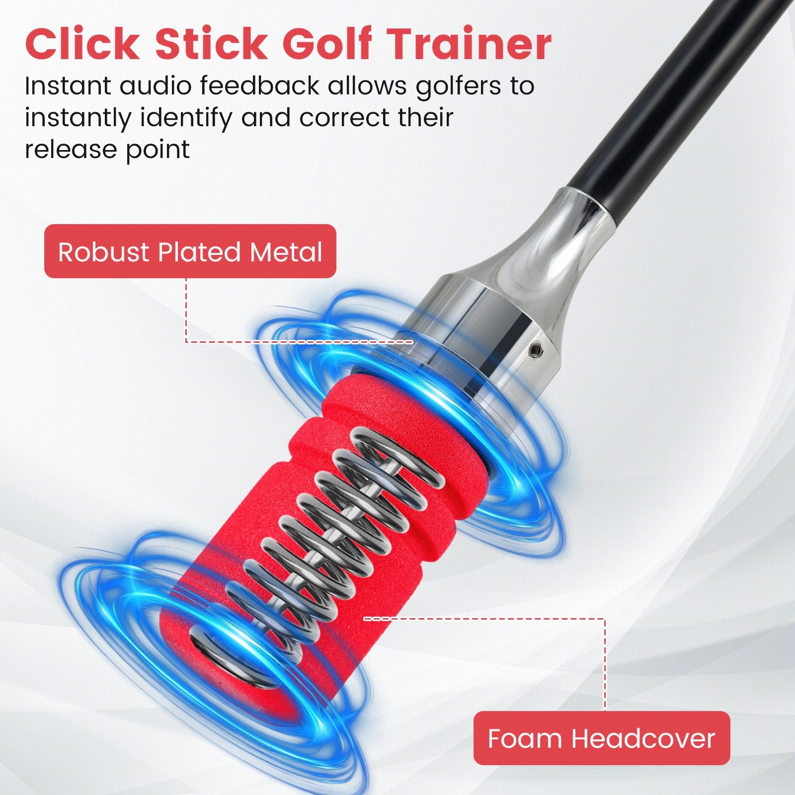 Golf Swing Trainer Click Stick Audible Tempo Feedback Weighted Metal Head Foam Headcover Right-Handed Red