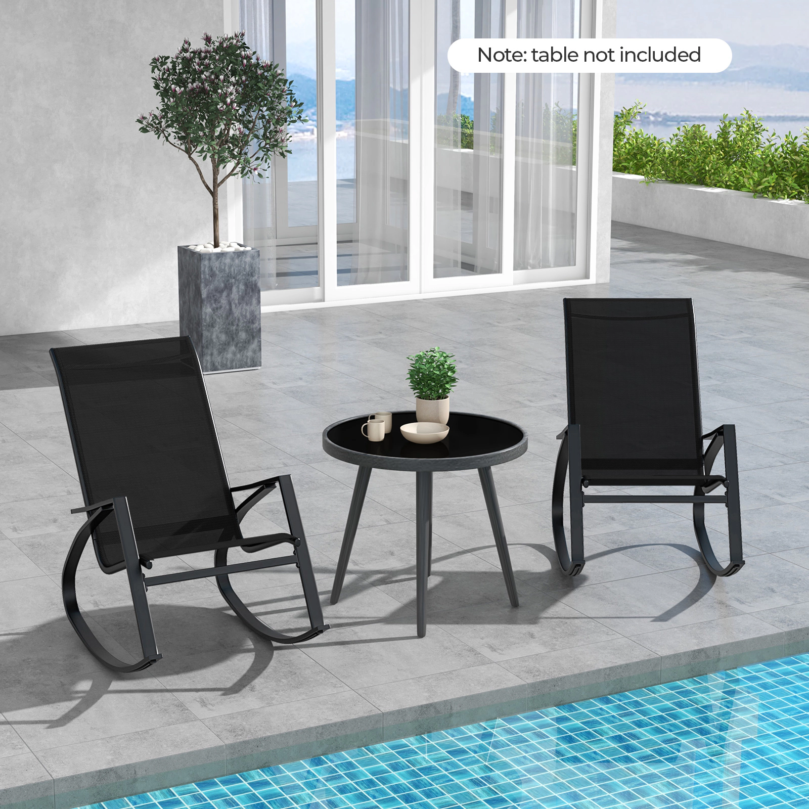 SUGIFT Set of 2 330-lb Capacity Black Sling Fabric Outdoor Patio Rocking Chairs with Curved Backrest