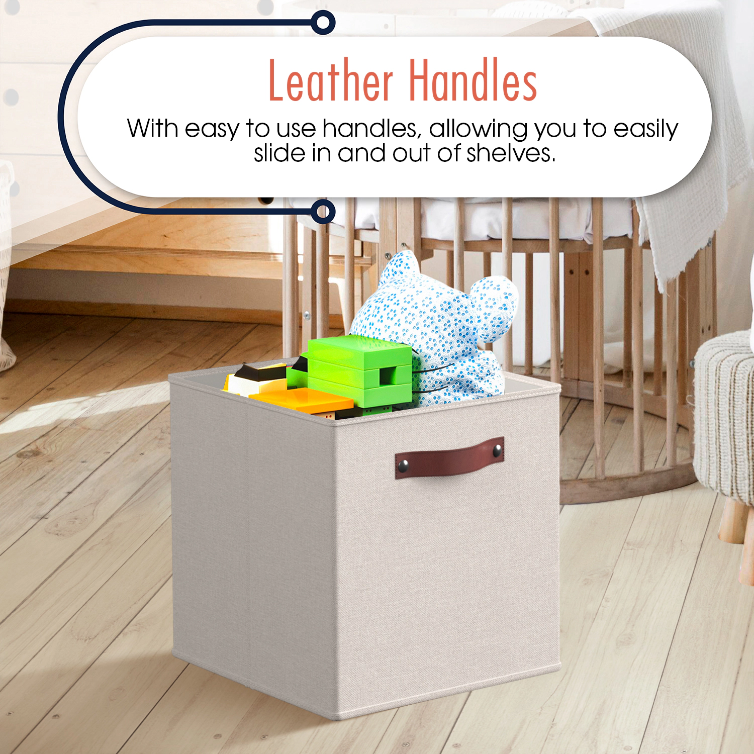 Ornavo Home 6 Pack Collapsible Linen Storage Cube Bin with Leather Handles - 11 Inch