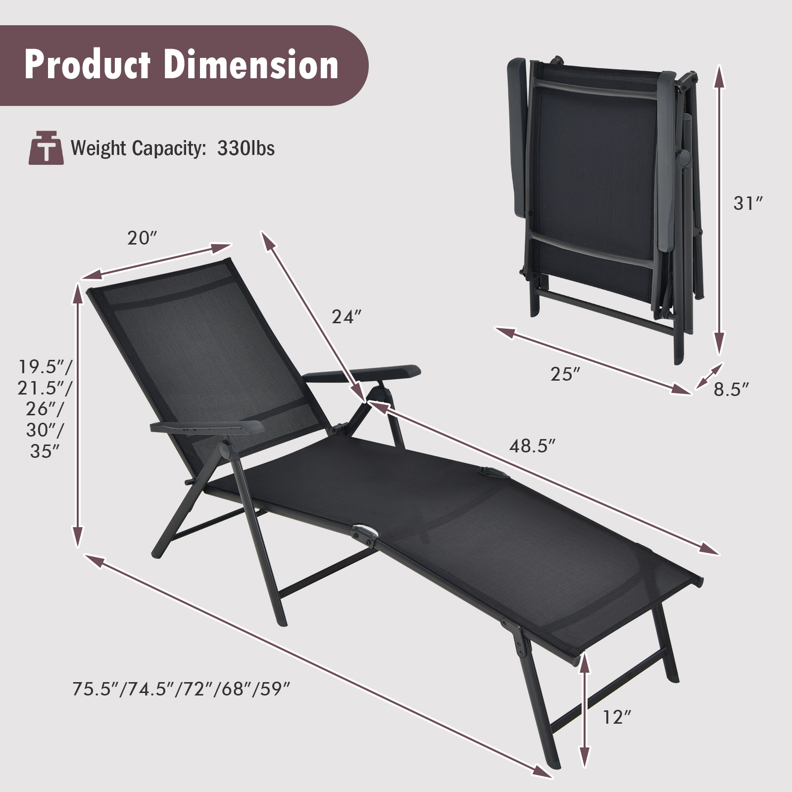 SUGIFT Armrests 5-Position Back and Footrest 330-lb Black Foldable Patio Chaise Lounge Chair