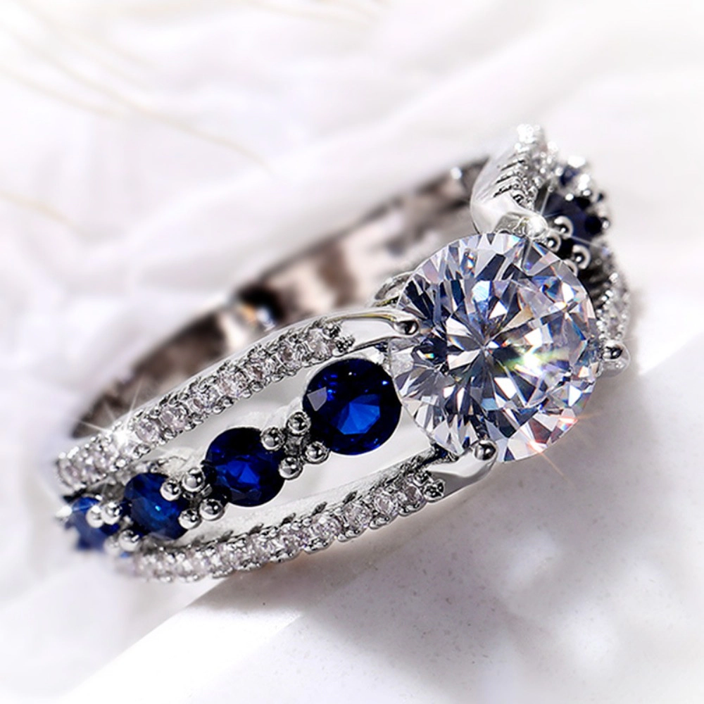 Women Blue White Round CZ Novel Designed Female Party Ring