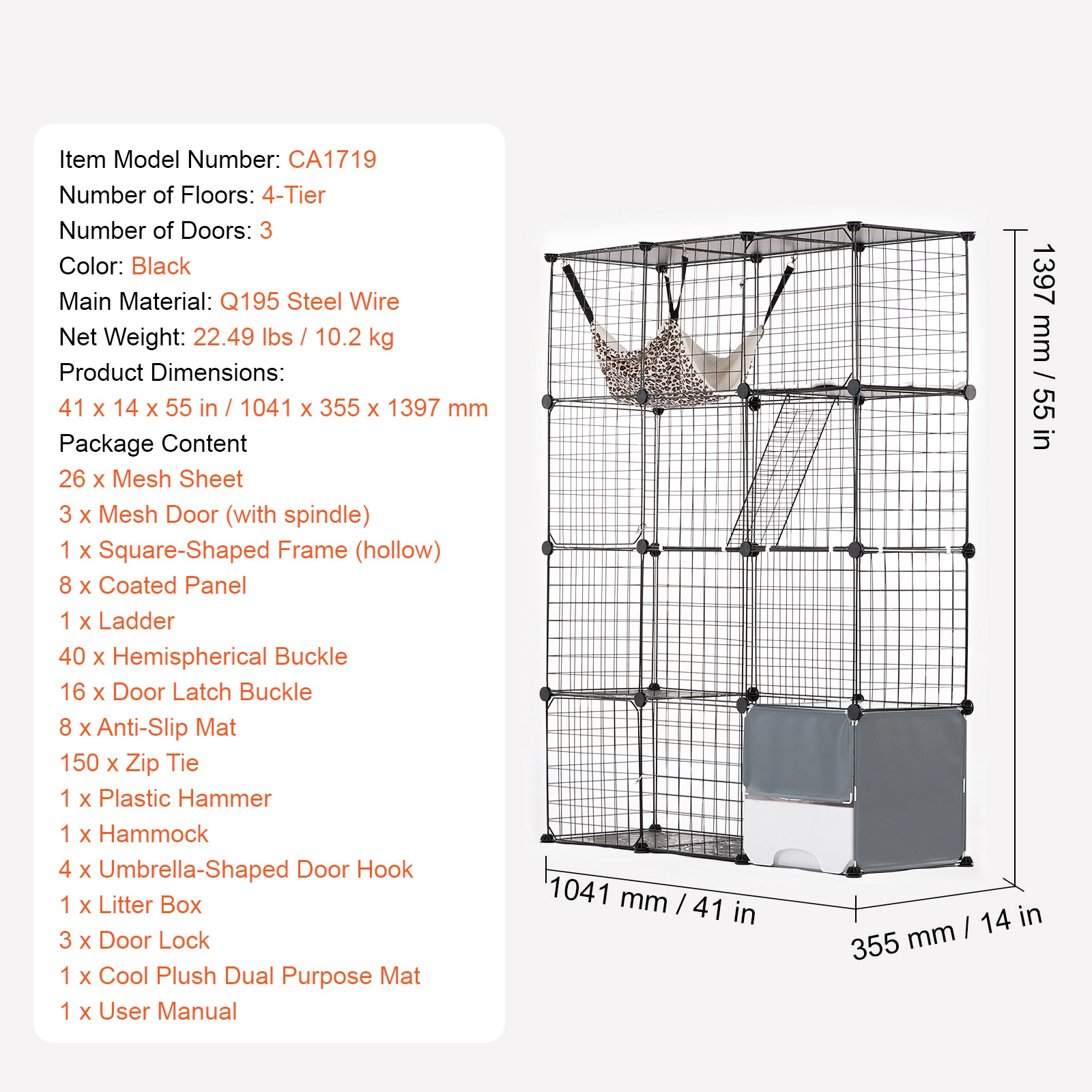 HONGGE 41 x 14 x 55 in 4-Tier Cat Cage with Litter Box, Hammock & Ramp, Indoor/Outdoor Enclosure, Black