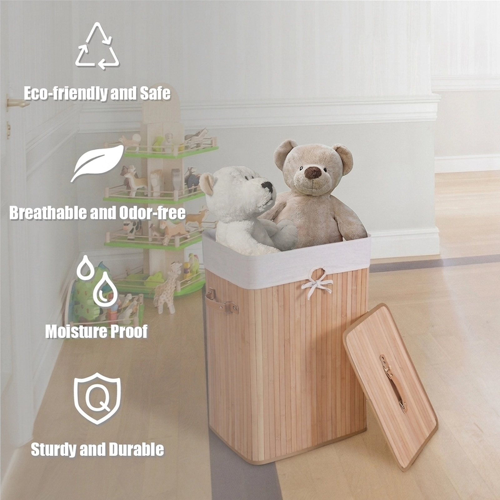 SUGIFT Rectangle Bamboo Laundry Hamper Basket with Lid 72-L Volume with Removable Cotton Bag Natural/Brown/Black/Yellow
