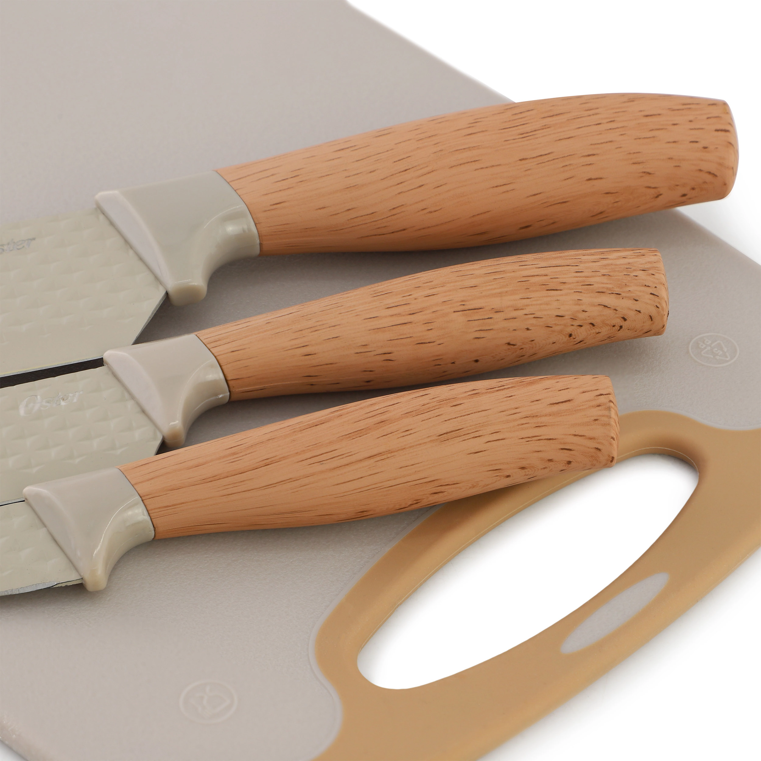 Oster Gunderson 4 Piece Stainless Steel Cutlery and Cutting Board Set in Brown