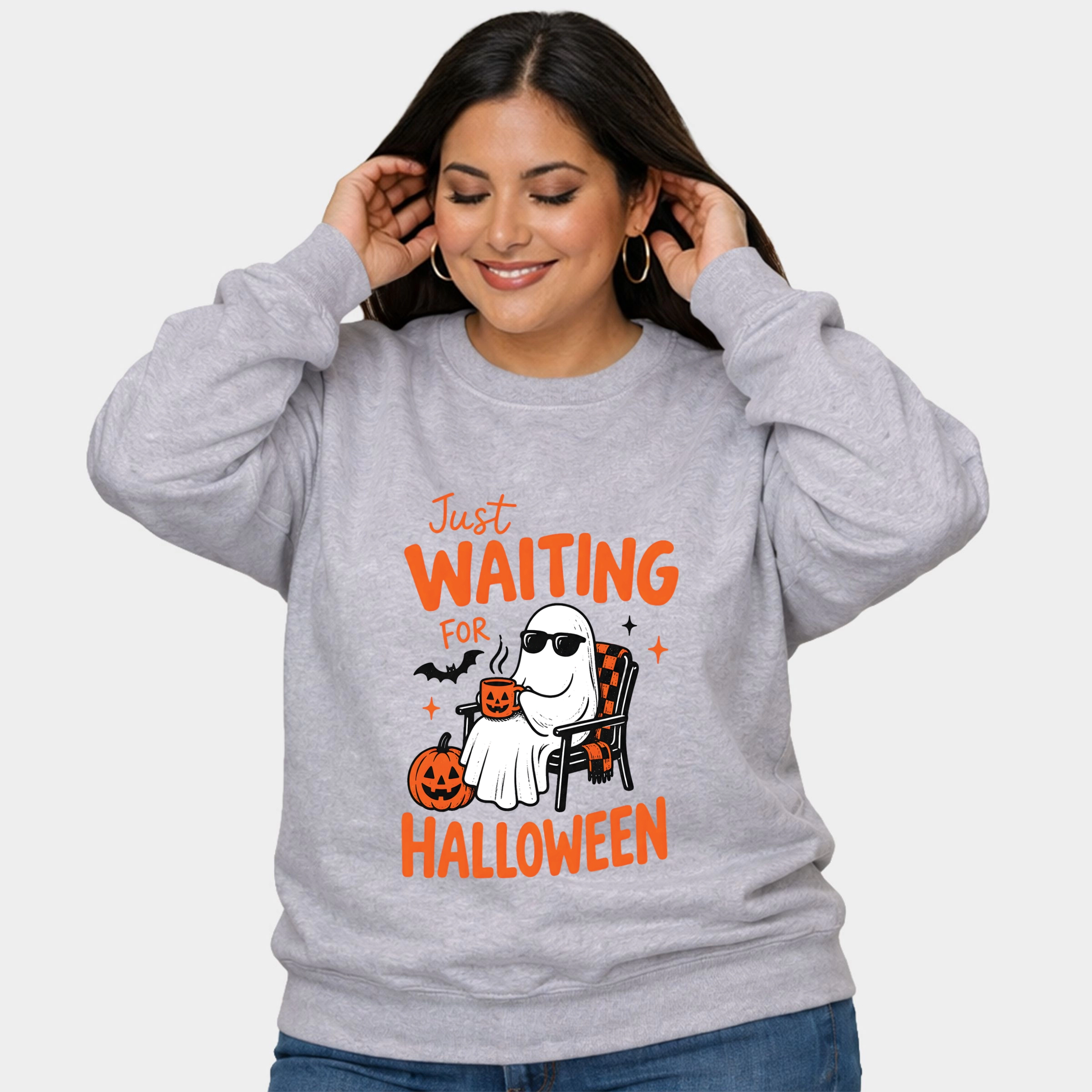 Simply Sage Market - Women's Plus Sized Graphic Sweatshirt Just Waiting For Halloween Ghost
