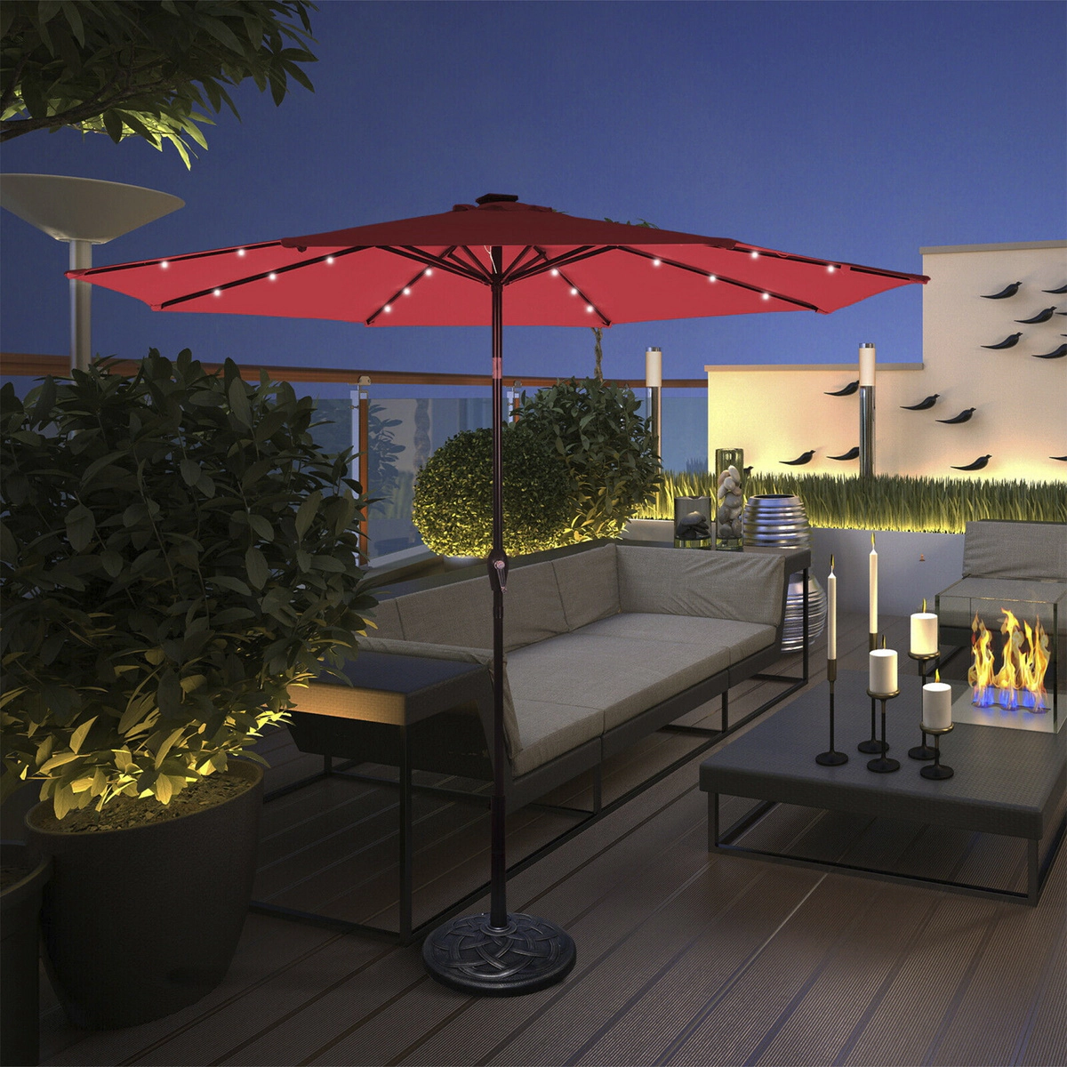 SUGIFT Push Button Tilt and Crank Lift 10 FT Solar LED Lighted Market Patio Umbrella
