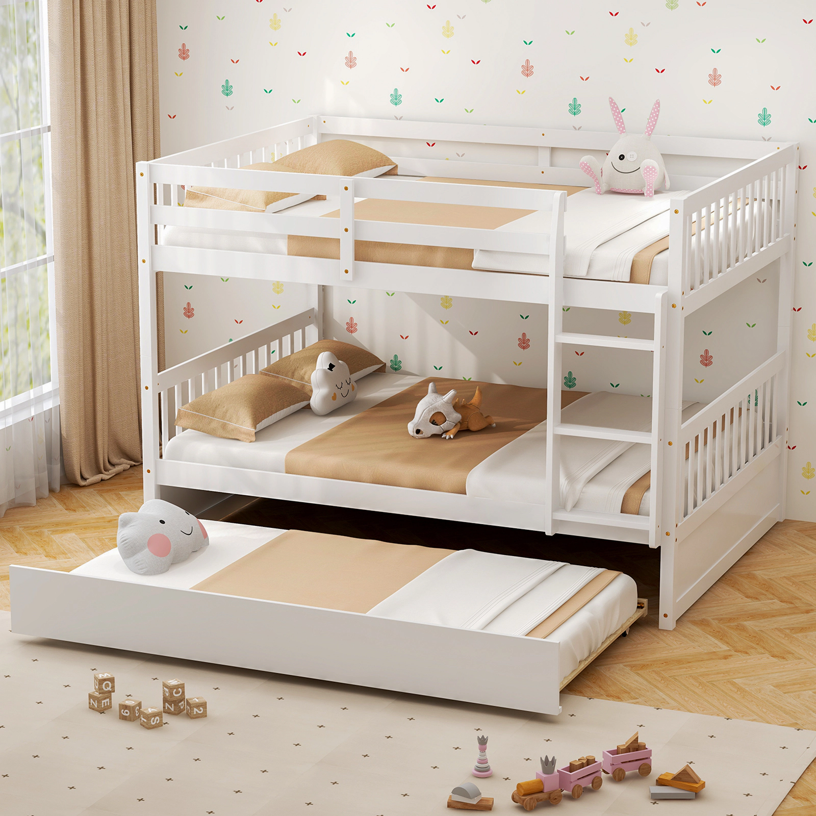 SUGIFT White Trundle Ladder and Full-Length Guard Panel Full Over Full Kids Bunk Bed